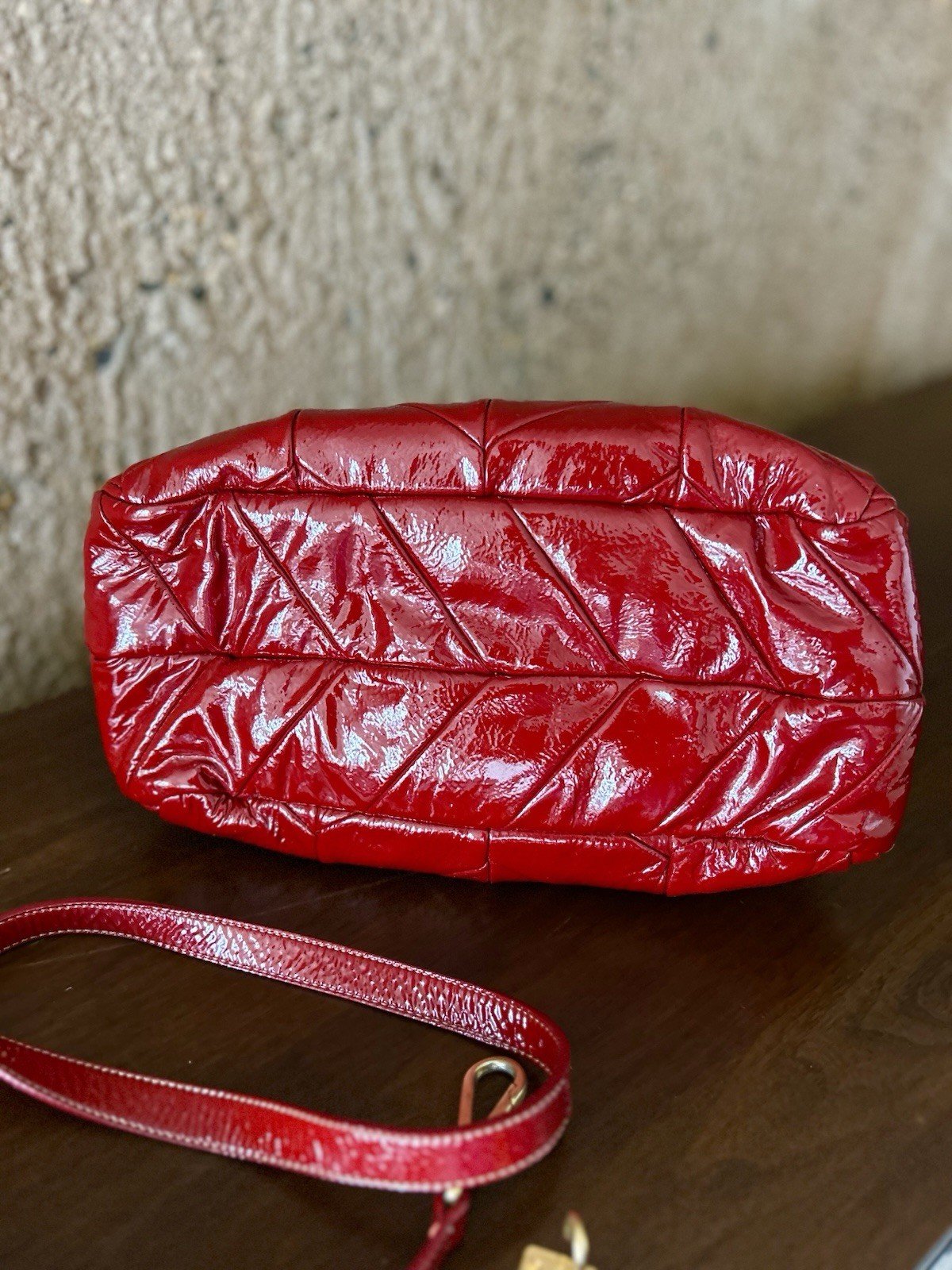 Prada Red Patent Quilted Satchel Top Handle Detachable Strap Gold Zip