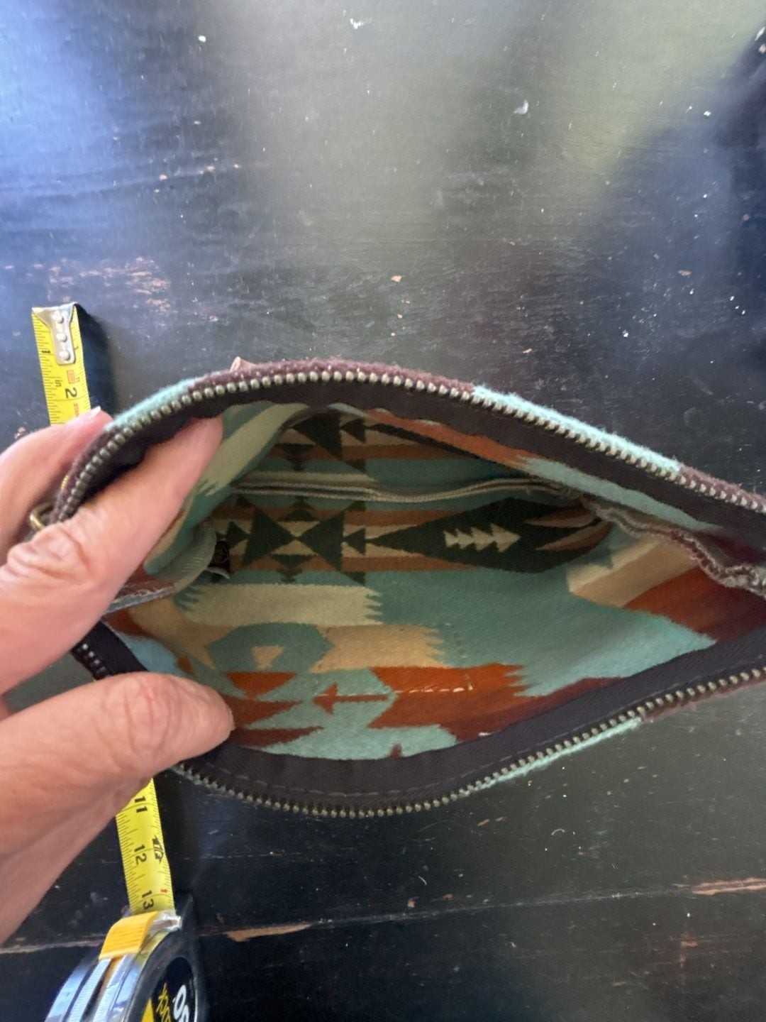 RHMT Wool Southwestern Pattern Zip Wristlet with Leather Strap