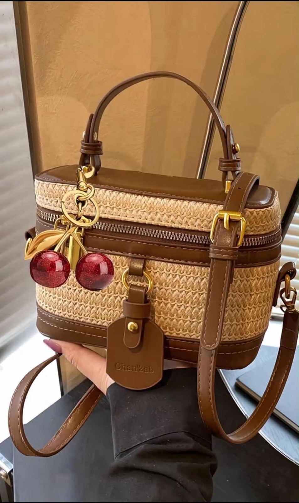 ChomZab Beige/Brown Rectangle Crossbody Bag Zip Closure Gold Hardware Charm
