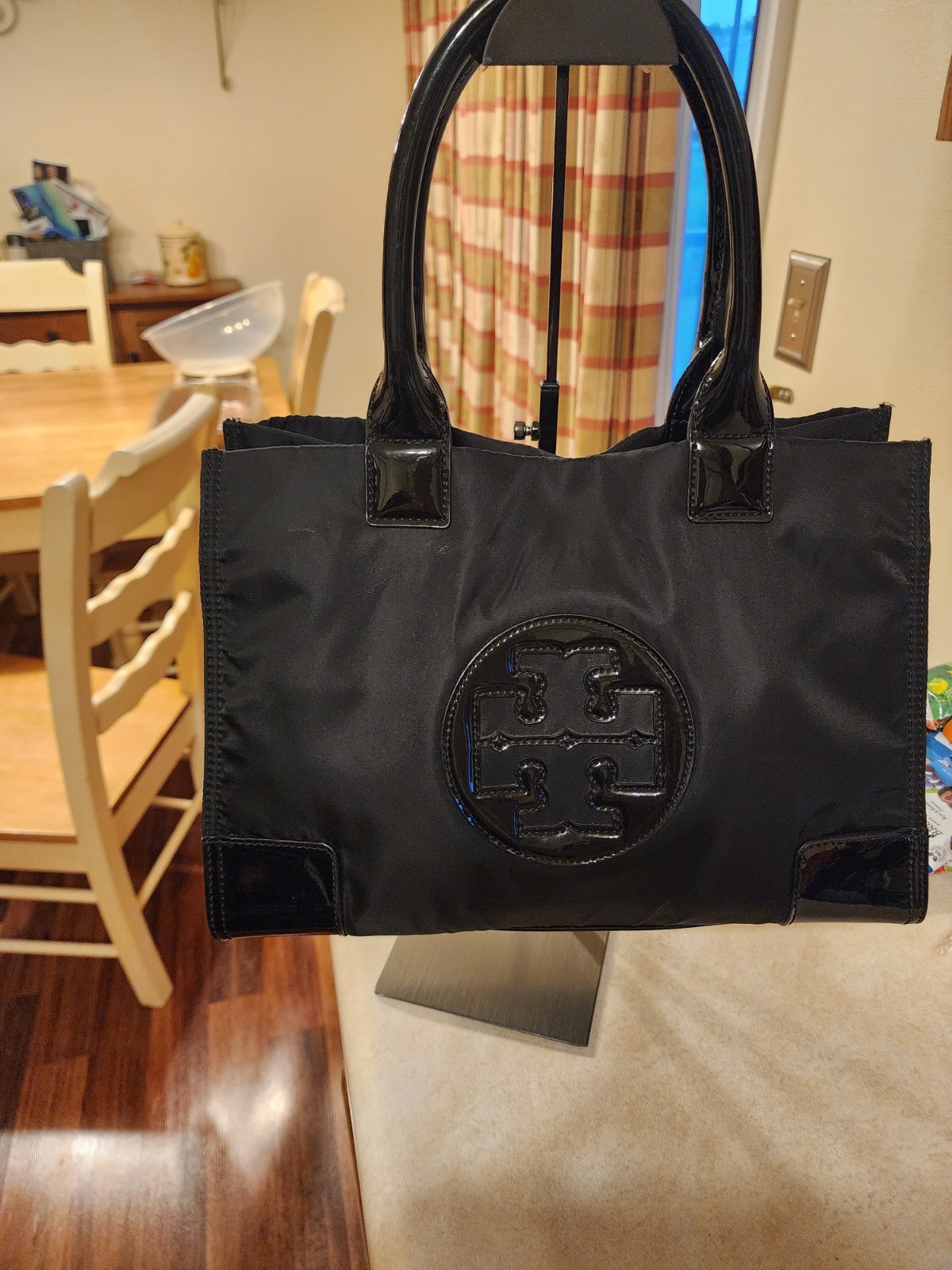 Authentic Tory Burch Black Nylon Ella Tote with Patent Logo and Gold Hardware