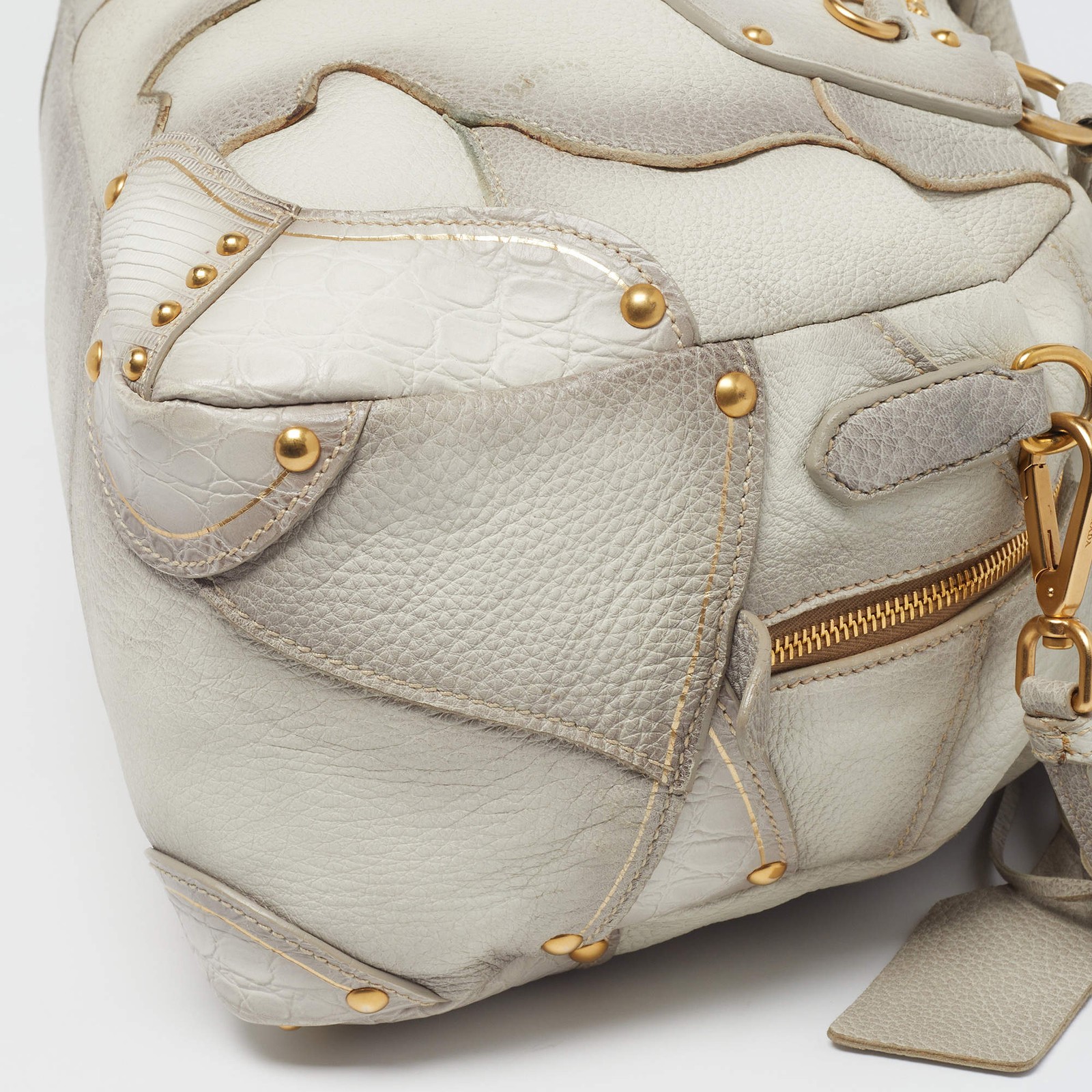 Prada White Ombre Deerskin Leather Croc and Lizard Patchwork Bowler Bag