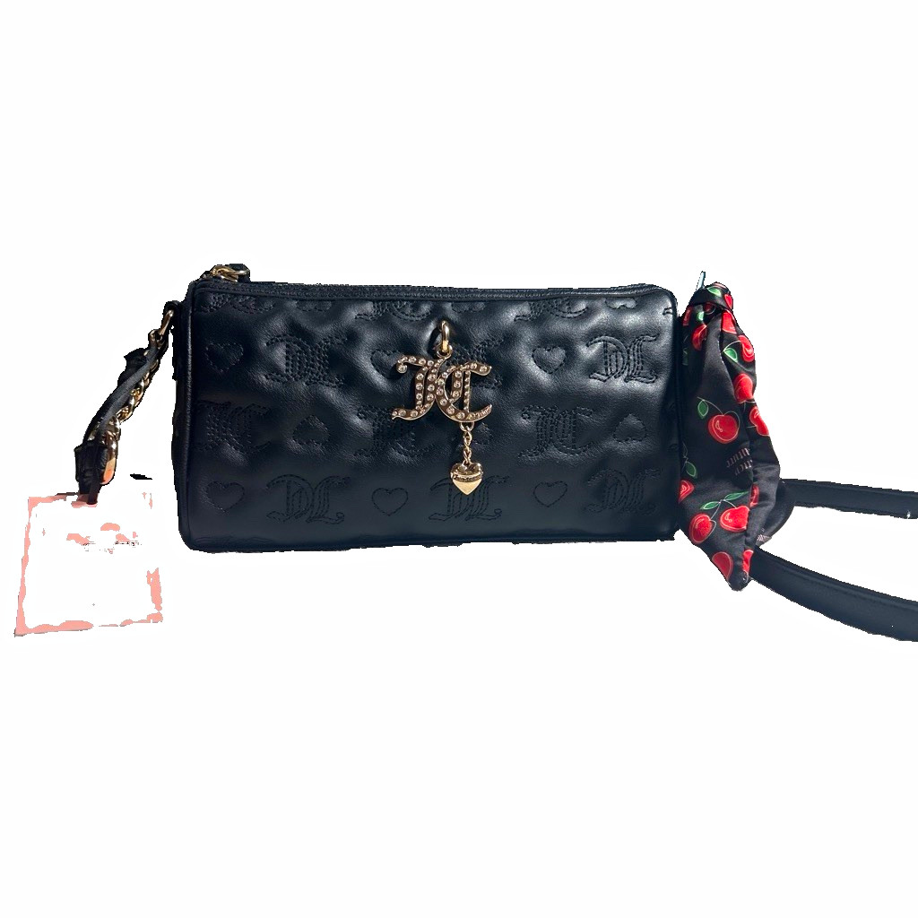 Juicy Couture Black Embossed Hearts Zip Small Shoulder Bag Chain Strap w Charm