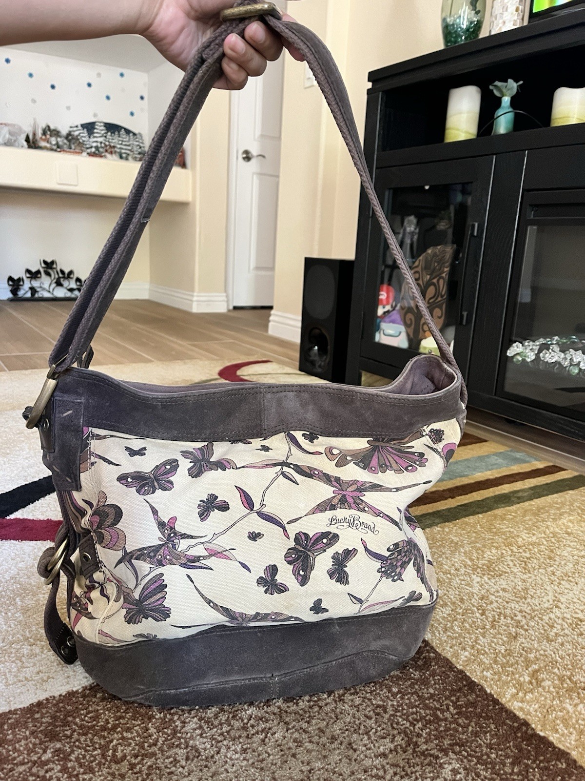 LUCKY BRAND Runaway Carryall Canvas Suede Leather Hobo Crossbody Shoulder Bag XL
