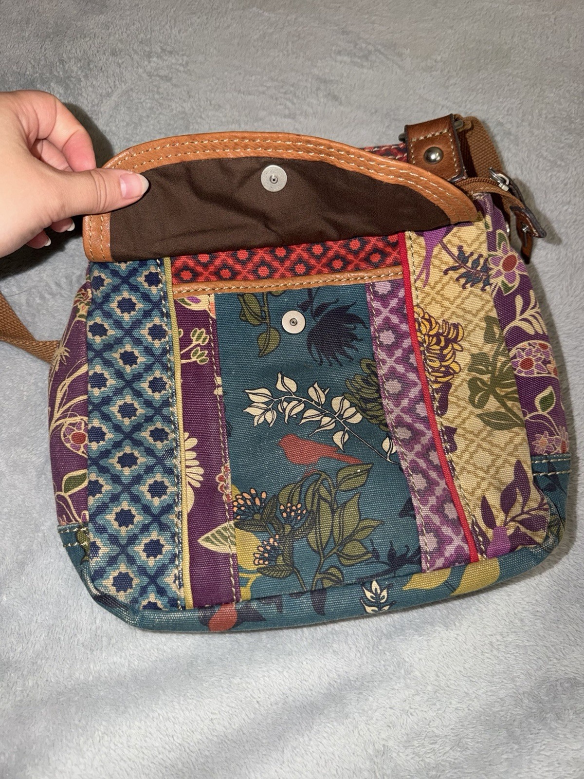 Vintage Fossil Patchwork Print Canvas Tapestry Crossbody Boho Bag w Bird Charm