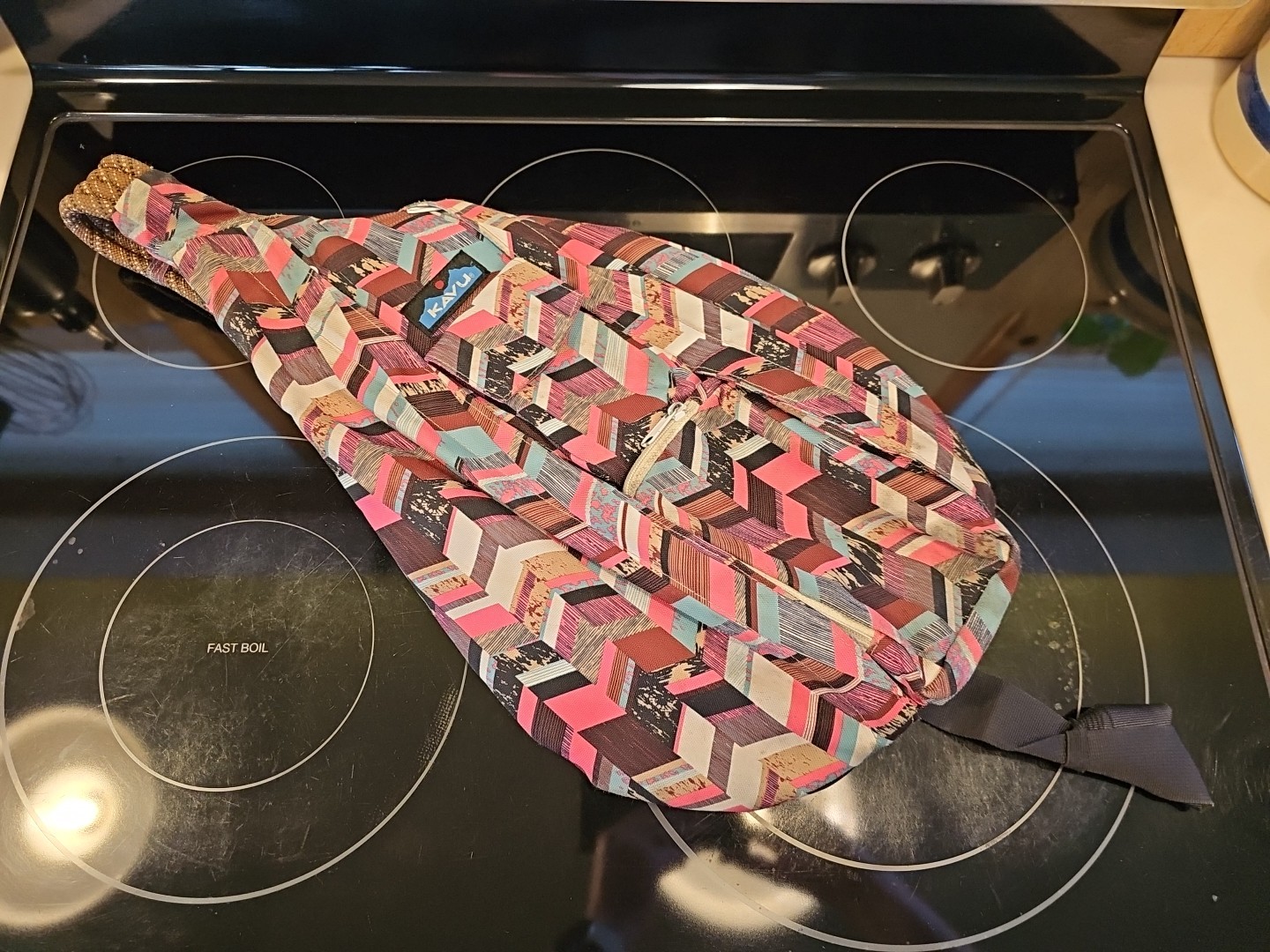 KAVU Rope Sling Bag Crossbody Sling Backpack Chevron Print Multicolor Polyester