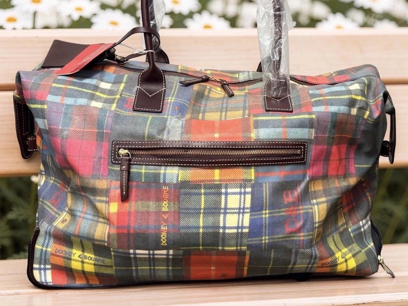 Dooney Bourke Madras Plaid Tartan XL Rolling Travel Duffle Luggage Bag Vintage