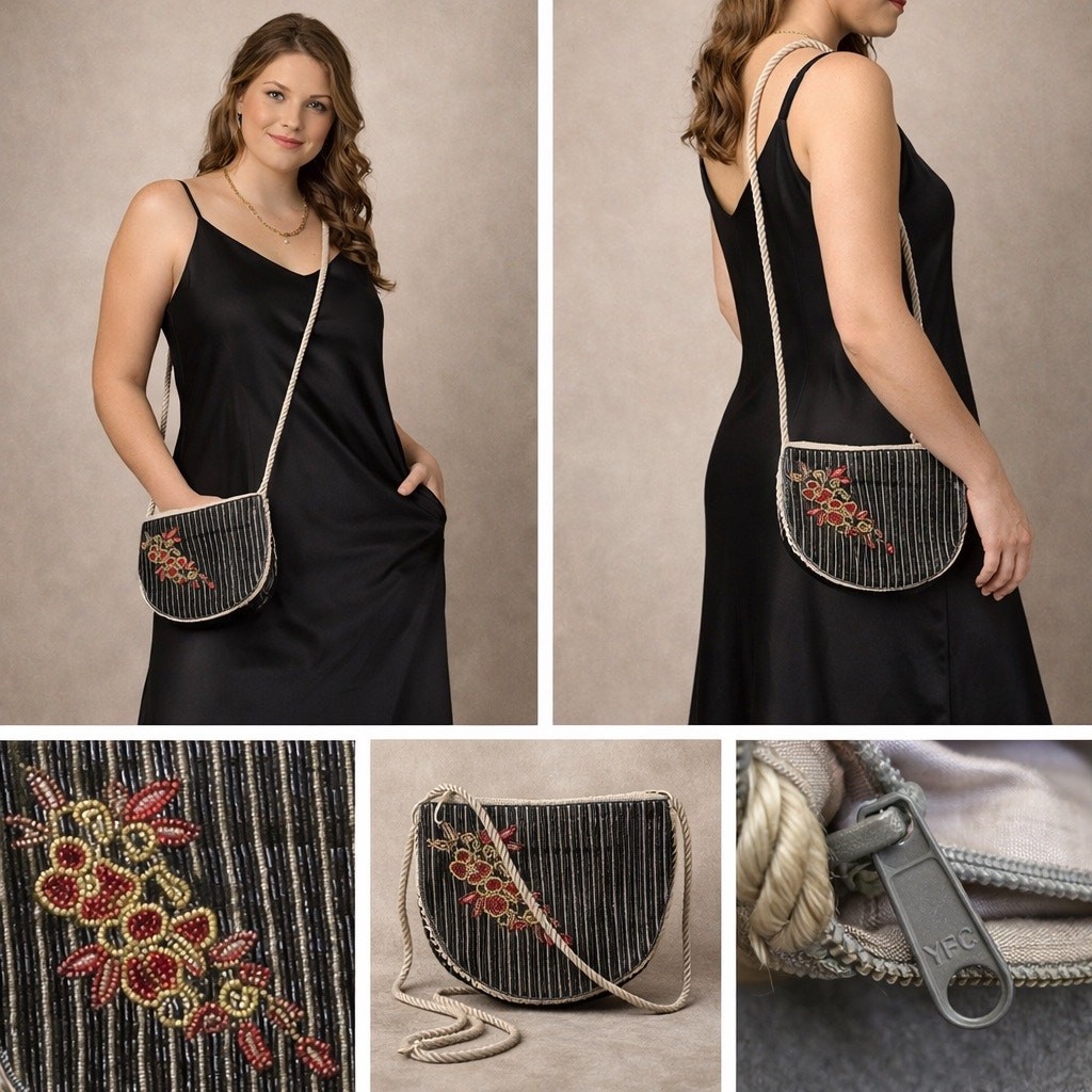 Regale Vintage Formal Floral Half Moon Circle Crossbody bag Satin Rope