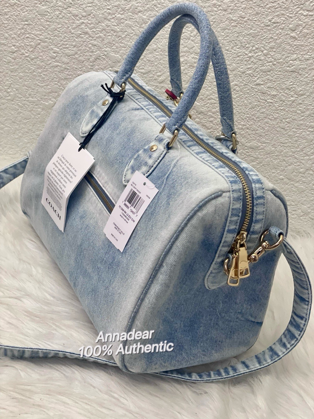 Coach CDY75 Rowan Large Satchel Bag In Loved Denim With Charms Light Indigo NWT