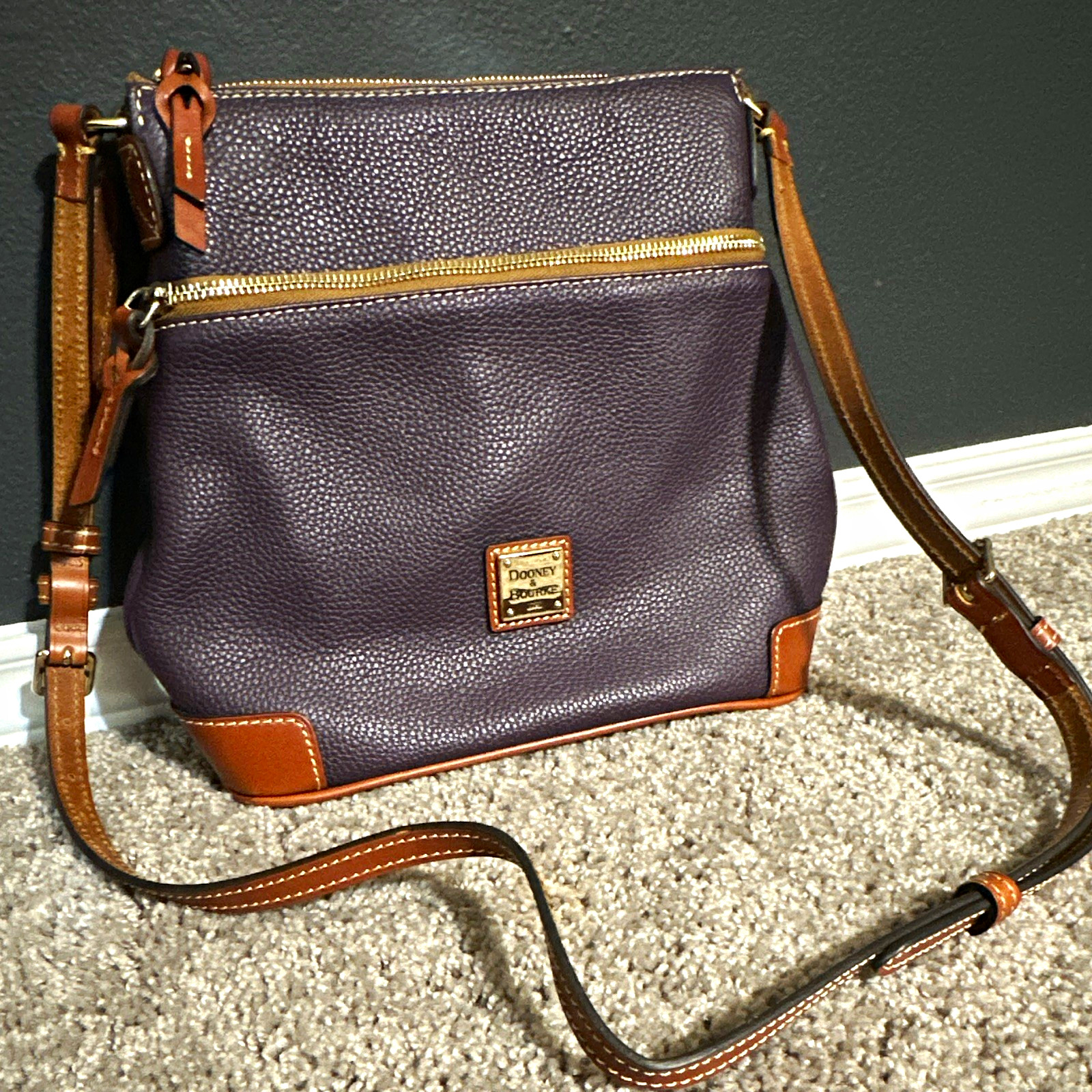 Dooney & Bourke Purple Pebbled Crossbody Bag Brown Strap Zip Top Gold Hardware