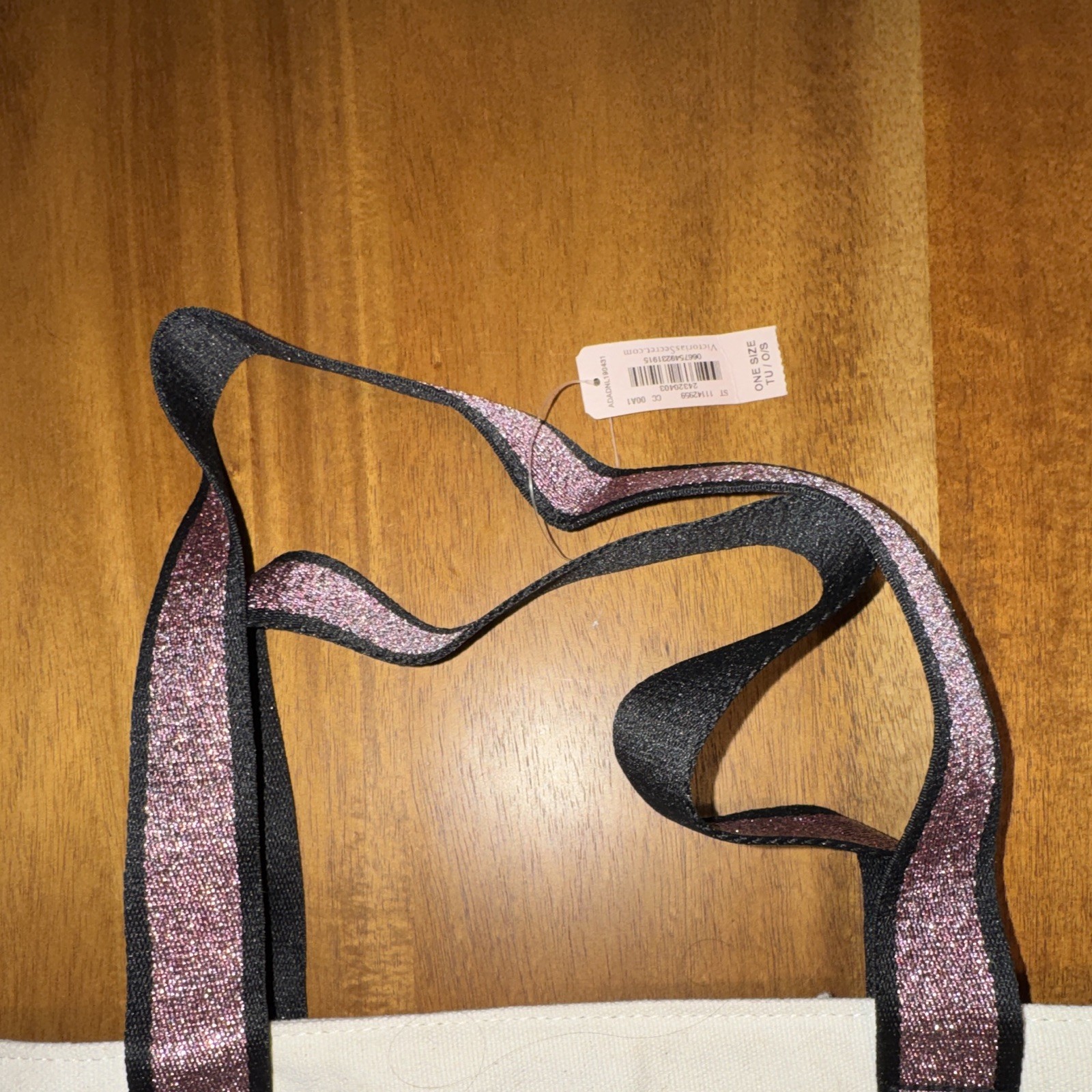 Victoria’s Secret White Tote, Pink Glitter Logo, Zip Top, Detachable Strap