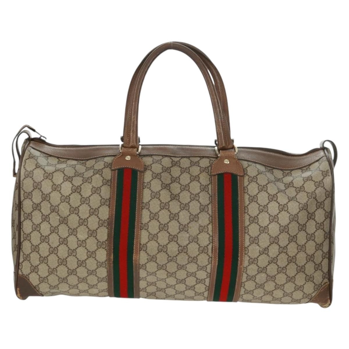 GUCCI GG Supreme Web Sherry Line Boston Bag PVC Beige Gold Auth 158687