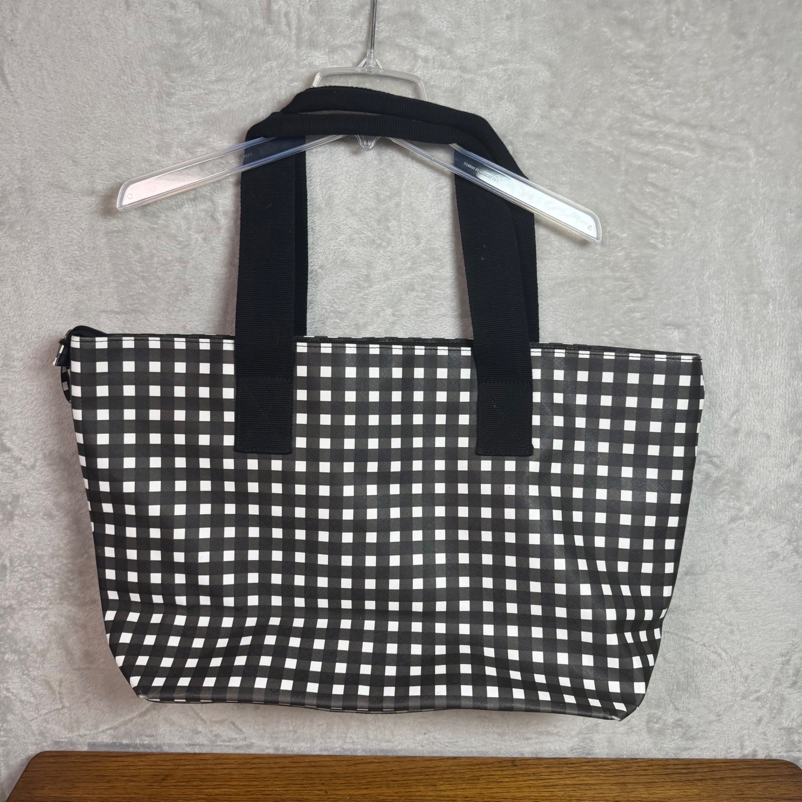 Dabney Lee Black White Gingham Checkered Zip Top Large Tote Bag Travel