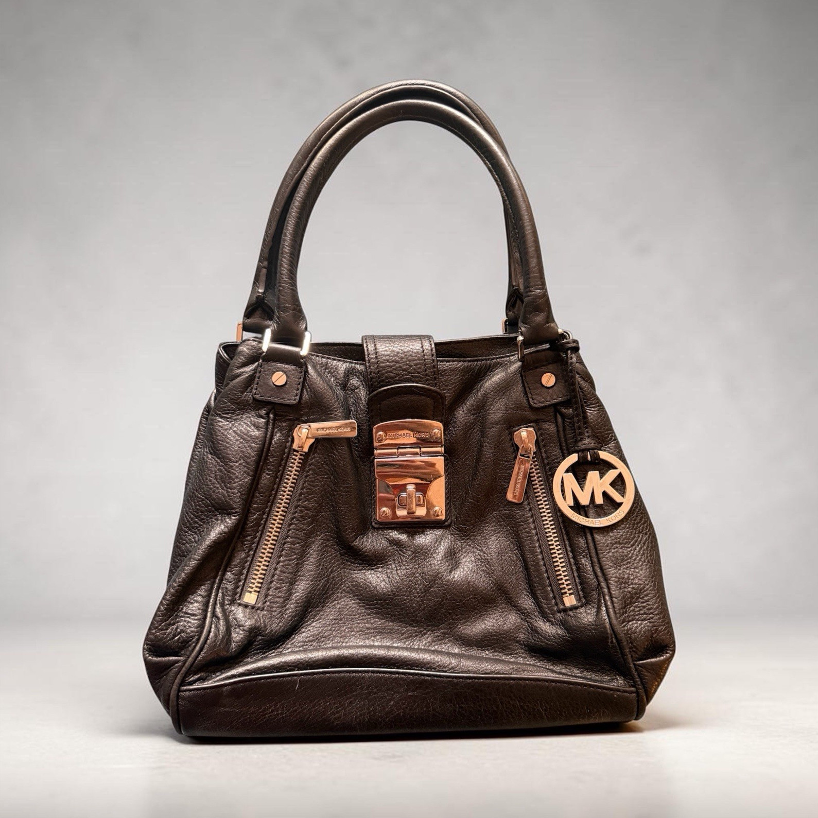 Michael Kors Jenna Black Pebbled Leather Satchel Bag Silver Hardware