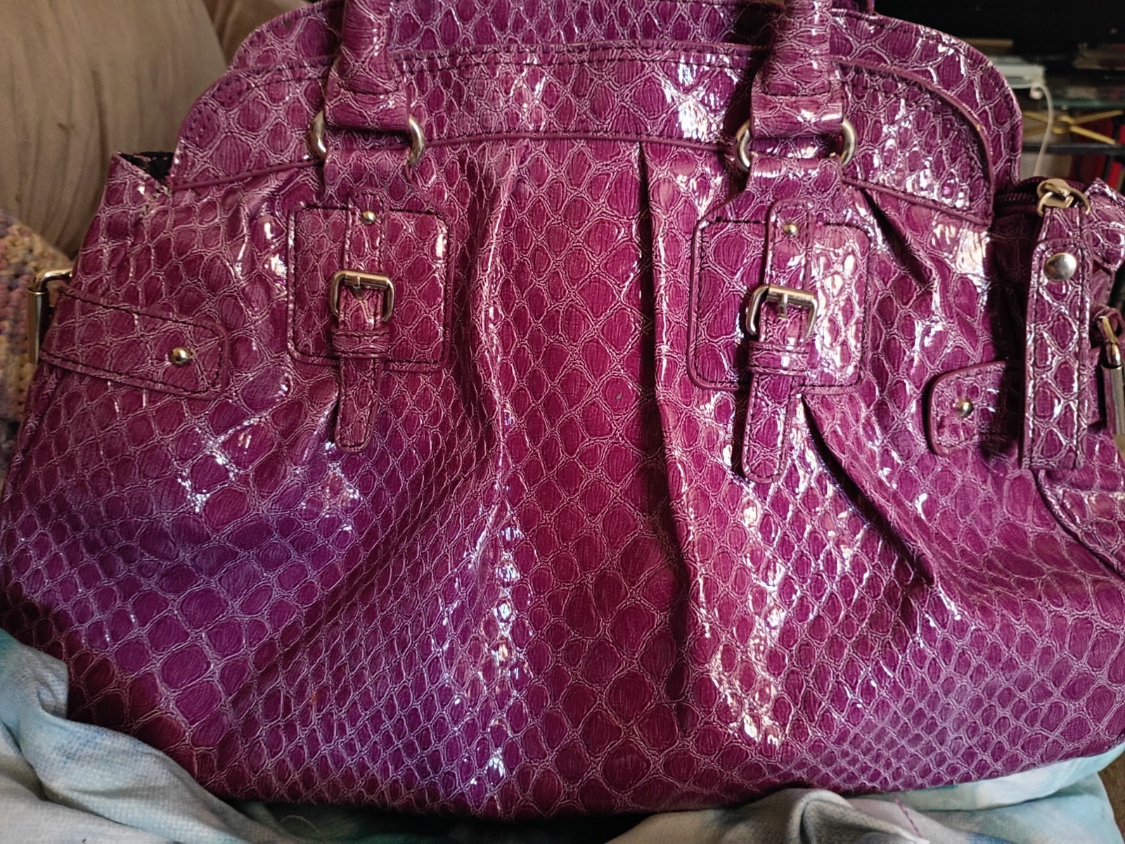 Cato Purple Animal Print Satchel Silver Hardware Zip Buckle Strap Accent