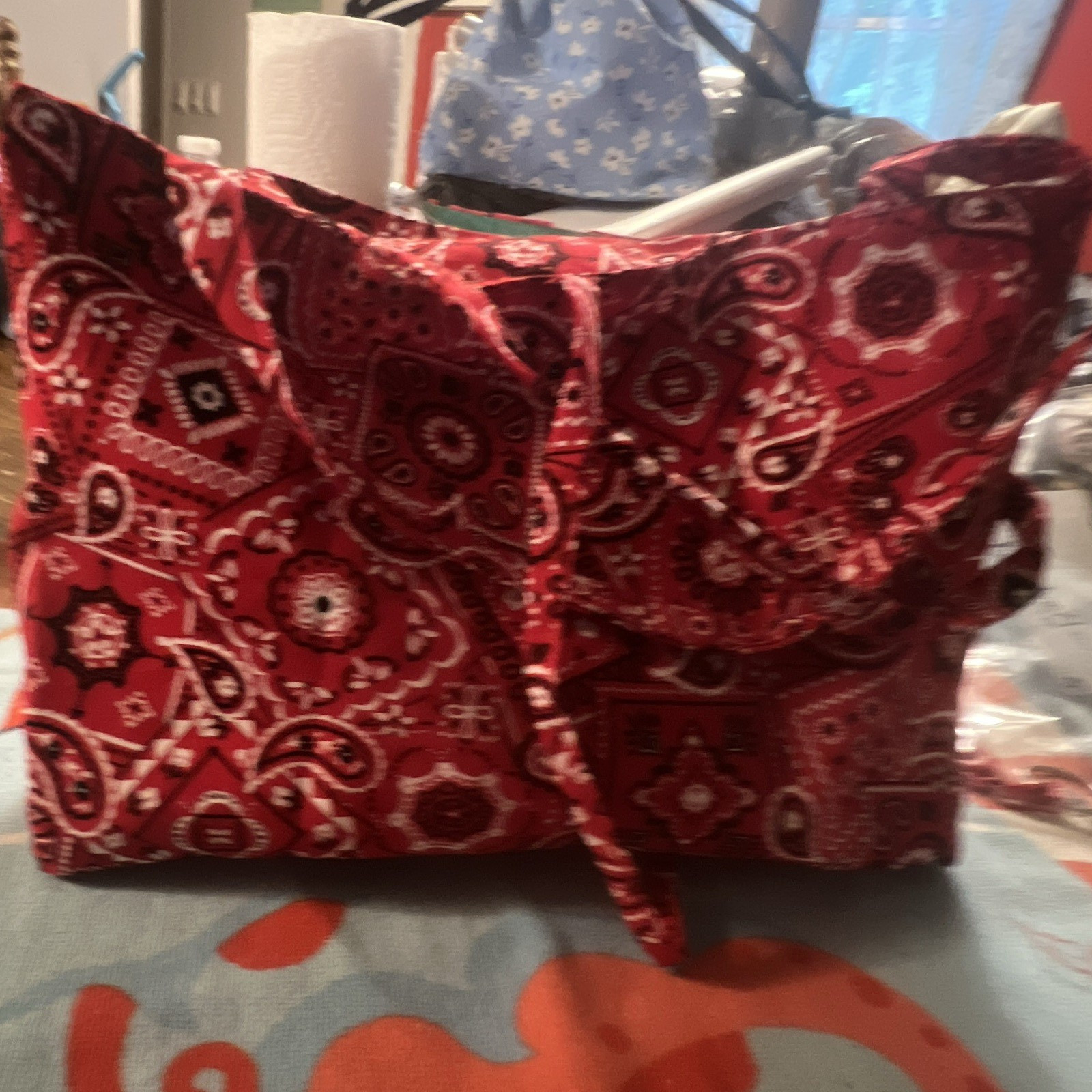 Women’s Red/White/Black Paisley Bandana Tote Bag, Stitching, Large, Reusable