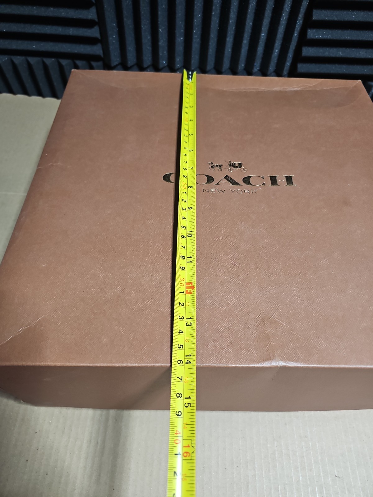 Coach empty Brown & Gold gift box ( 14”x14 1/2”x5 1/2″ ) With Brown Ribbon