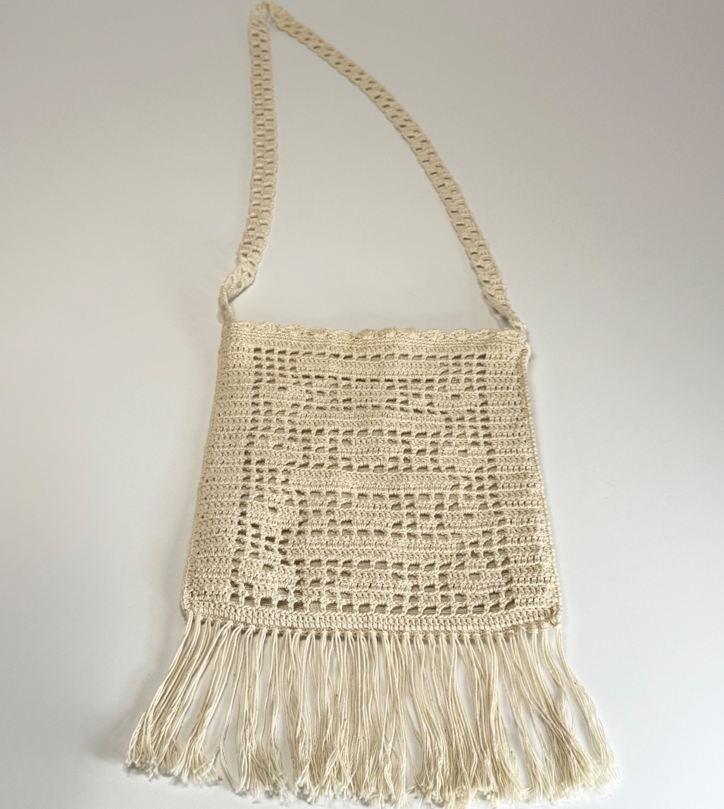 Boho Crochet Fringe Crossbody Bag Cream Beige Knit Festival Shoulder Purse