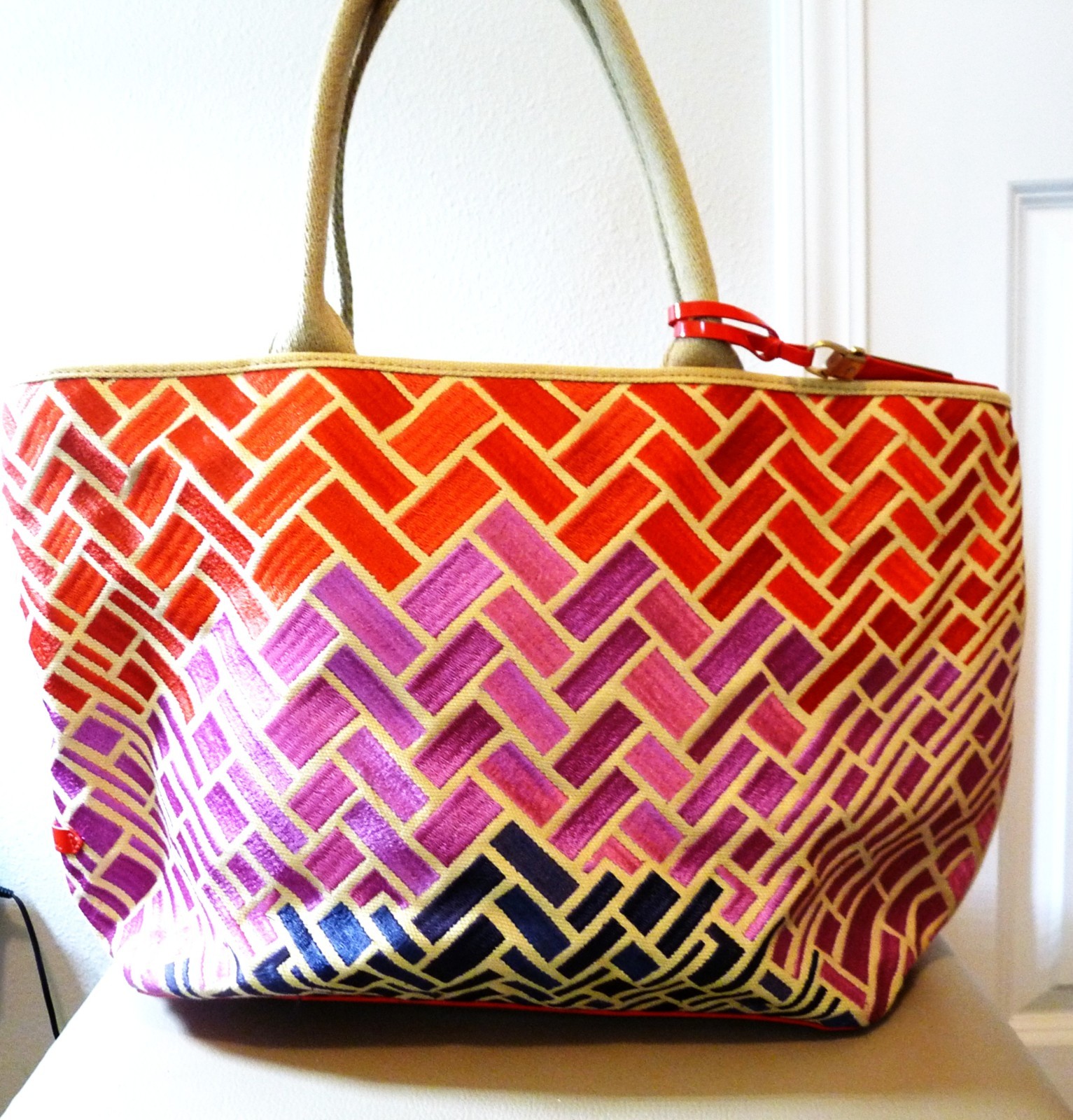 Cole Haan Orange Fuchsia Purple Leather and Fabric Shoulder Tote Bag