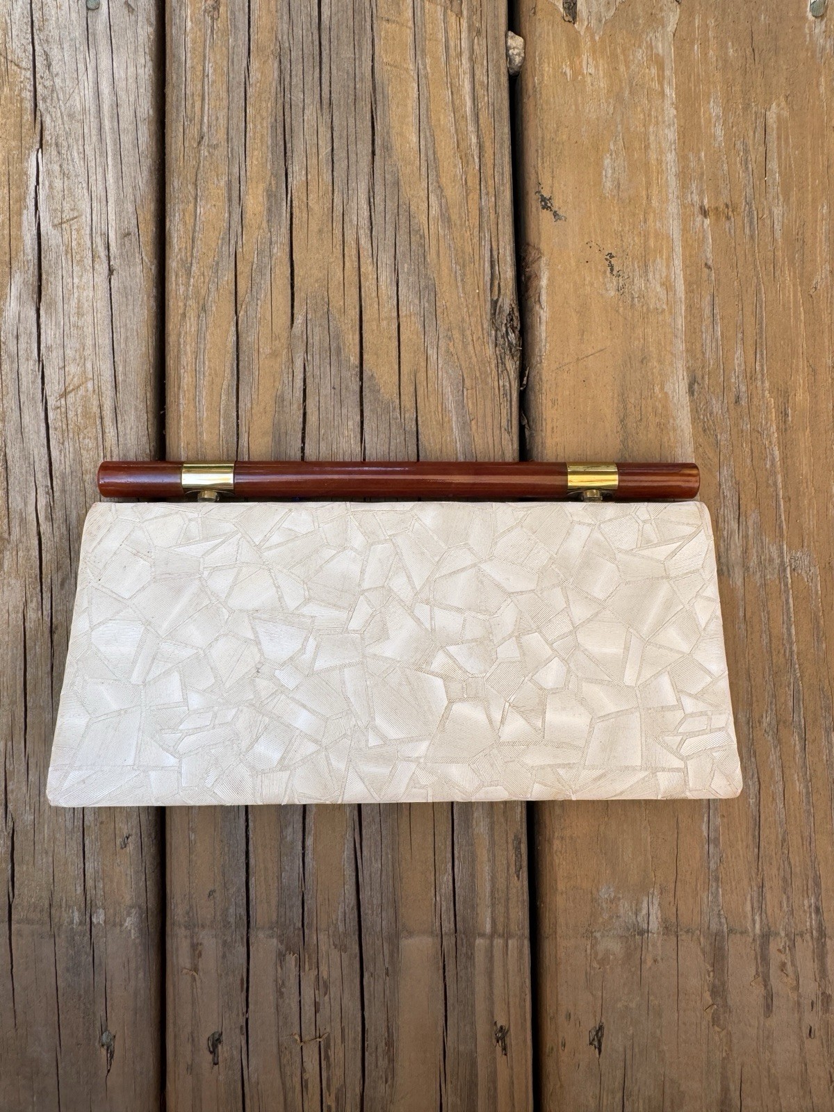 Vintage Ivory Vinyl Structured Clutch w/ Lucite Handle Dover USA Evening Bag