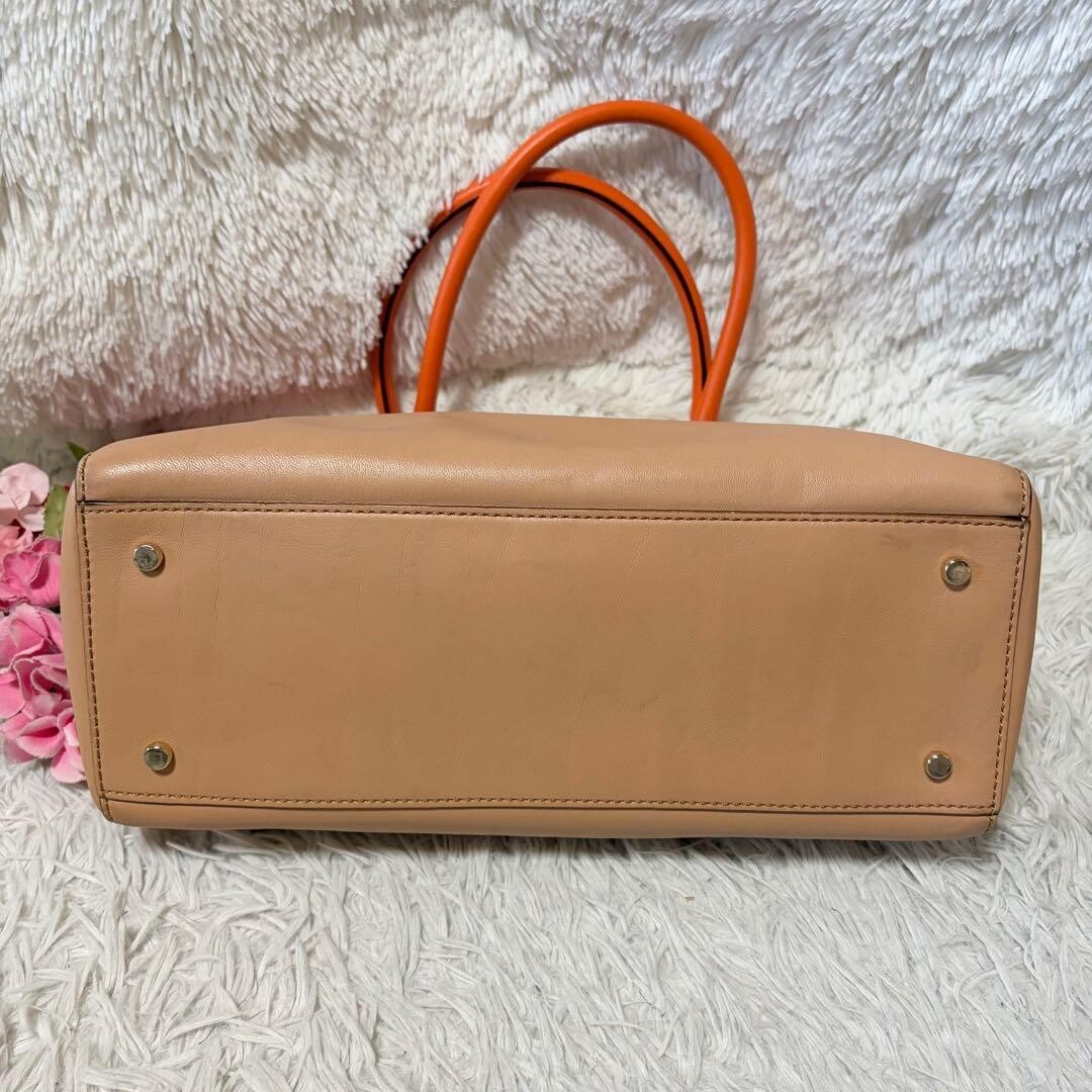 Kate Spade New York Beige Orange Leather Tote Bag Gold Turn Lock A4 Work 34cm