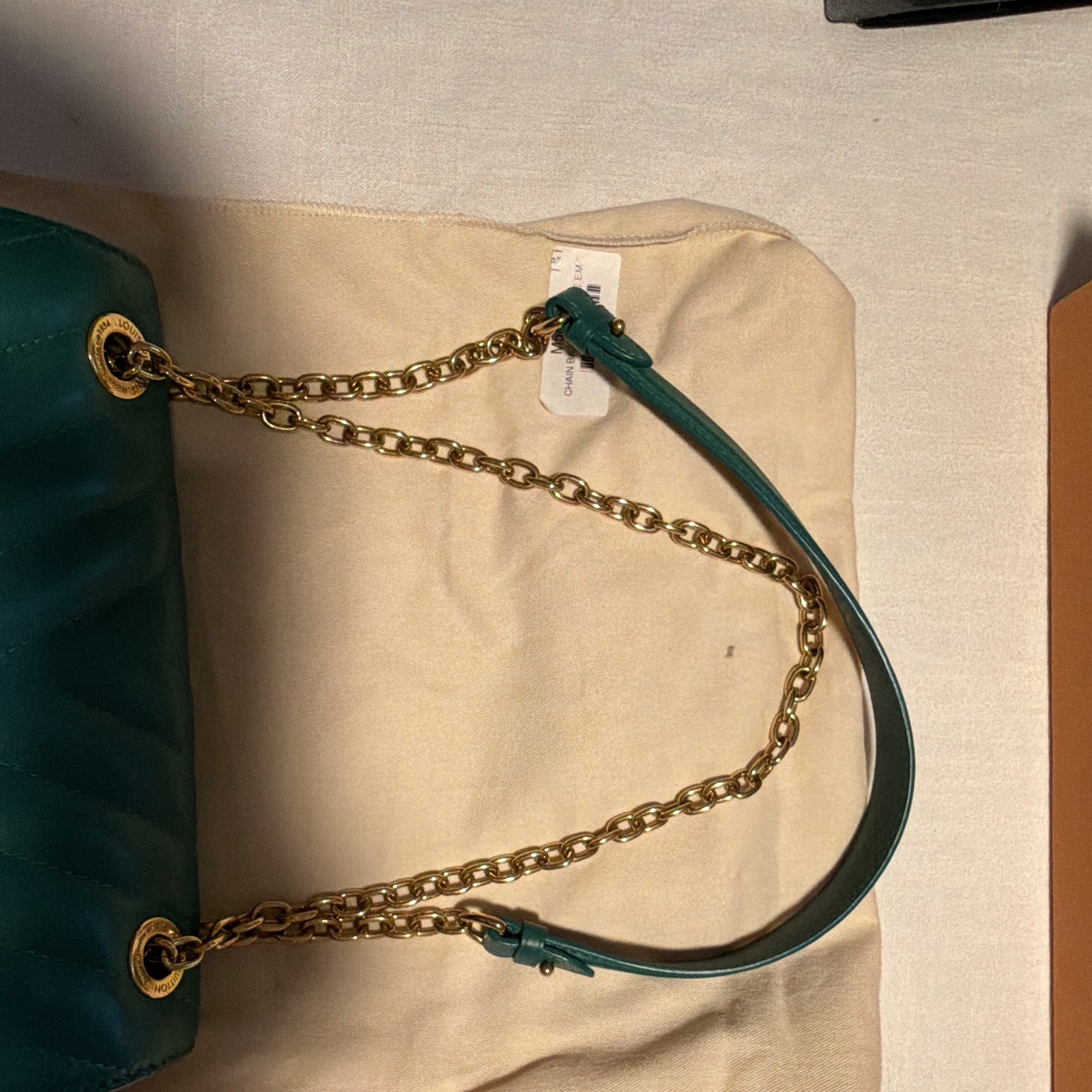 Louis Vuitton Green Quilted Shoulder Bag Gold Chain Strap Box Dust Bag Card