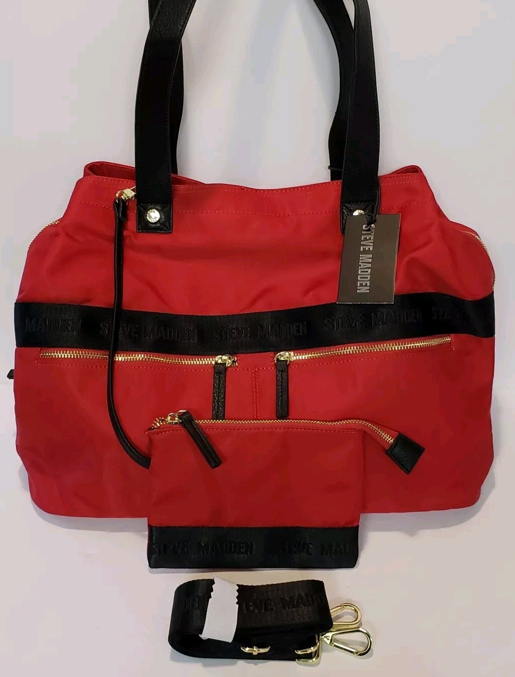 Steve Madden Red / Black Trim Tote, Carry On with Shoulder Strap And Wallet New