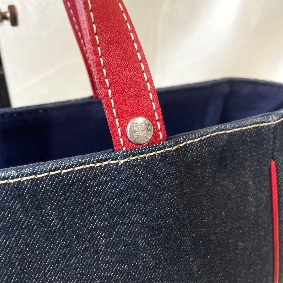 BURBERRY BLUE LABEL Denim Tote Bag Red Handles Cotton Canvas Women’s Handbag