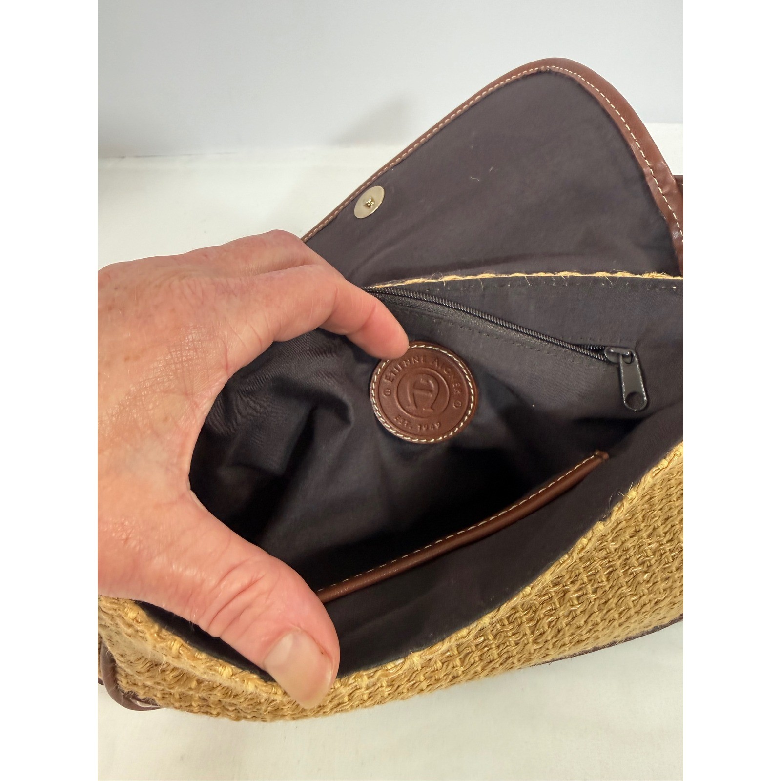 Etienne Aigner Brown Leather and Woven Straw Shoulder Bag Vintage Style Handbag
