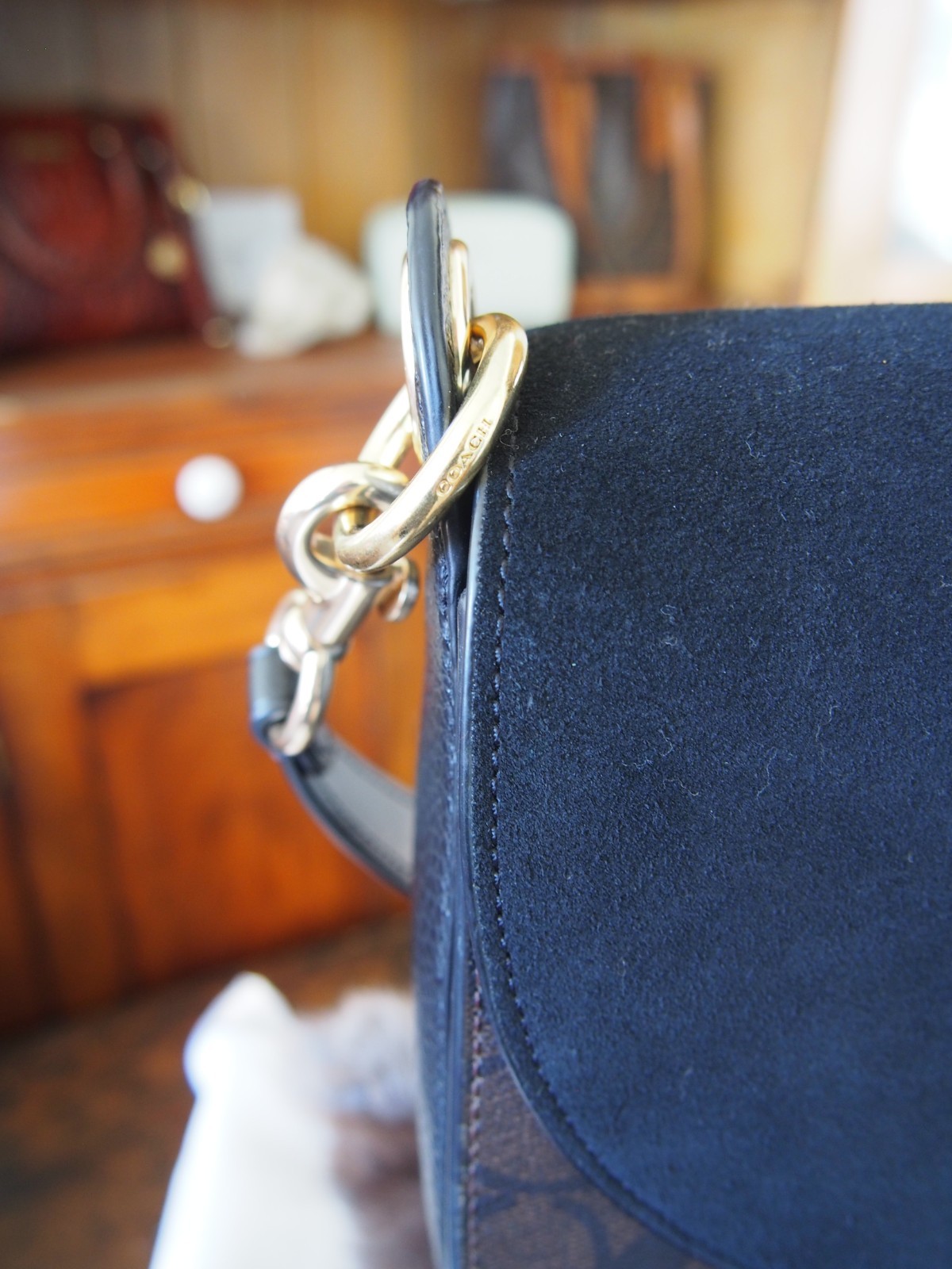 Coach Kleo Shoulder Bag Signature Canvas Brown w/ Black Suede Gold Hardware