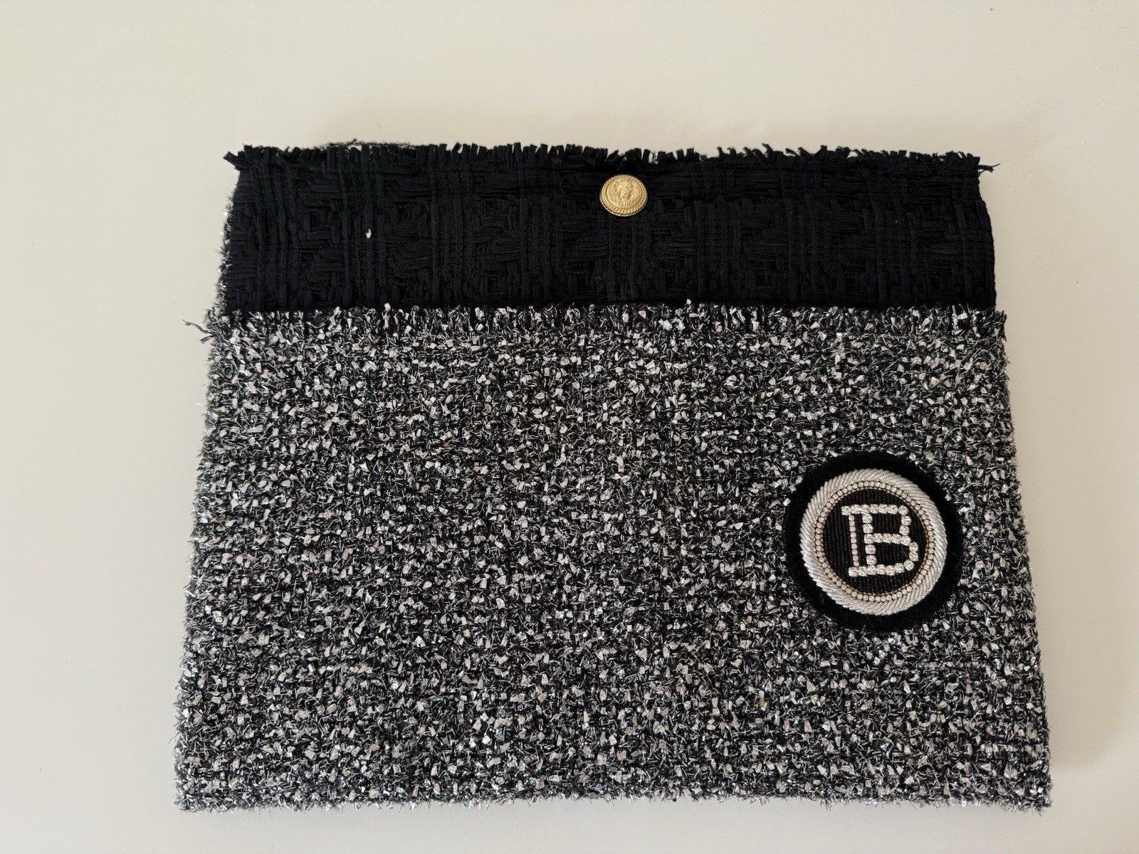 Balmain Black/White Silver Tweed Laptop Cover Gold Button Logo Patch