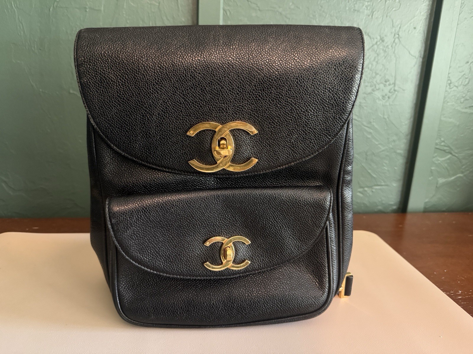 RARE Chanel 1994 Vintage Caviar Black Leather Double Pocket Duma Backpack