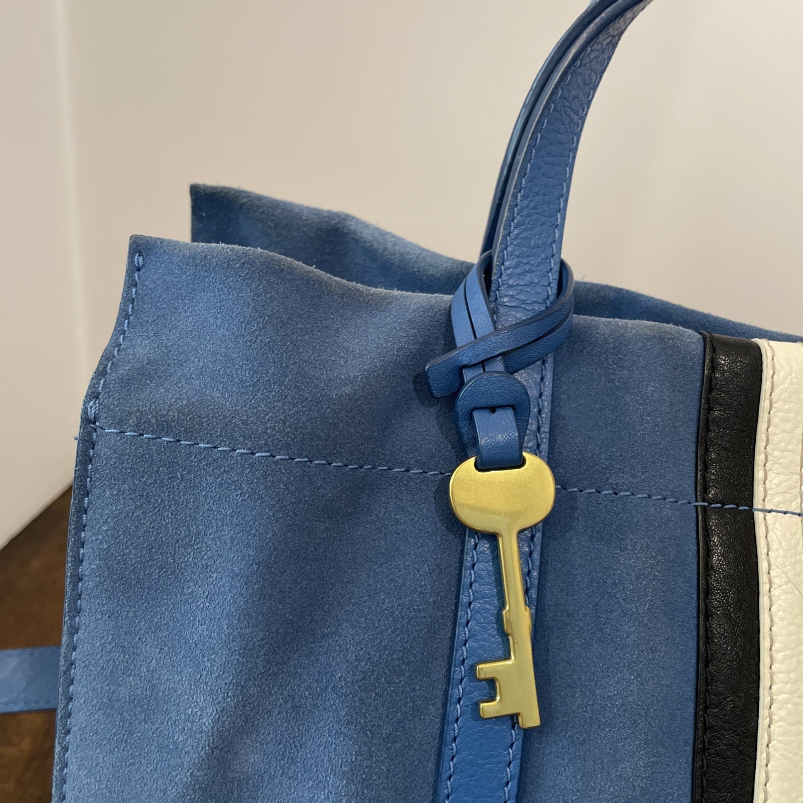 Fossil Carmen Shopper Blue Suede Leather Tote Bag
