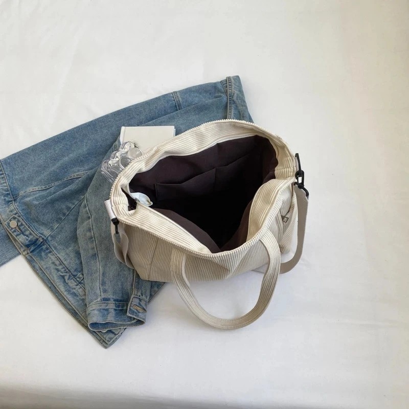 Women’s Corduroy Tote Bag Casual Multi Pocket Handbag Adjustable Crossbody