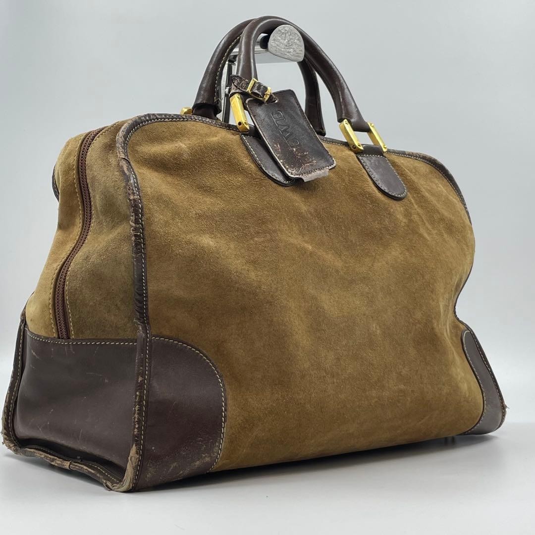 LOEWE Amazona Boston Bag Brown Suede Leather Large Travel Hand Bag Vintage