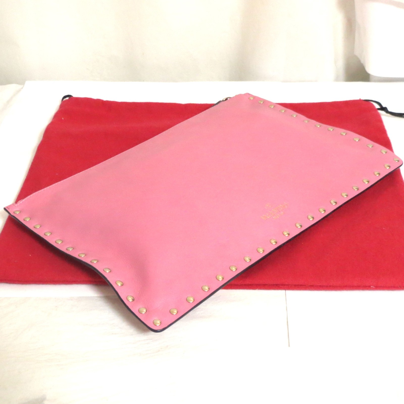 Auth VALENTINO GARAVANI Rock Stud Pink Leather Clutch Bag Purse Made Italy 30cm