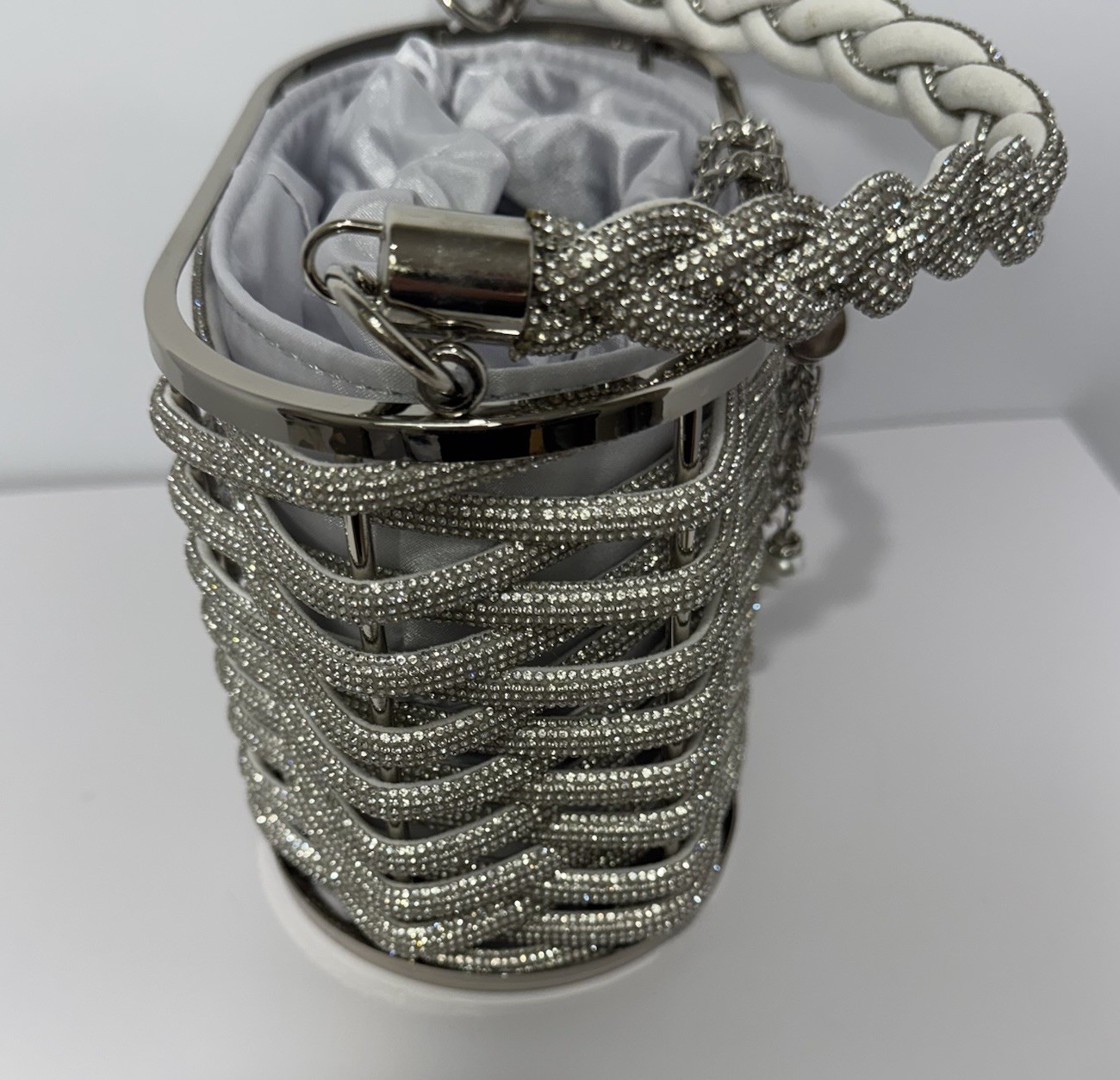 Bella Collection Silver Metallic Beaded Top Handle Bag Drawstring Chain Strap