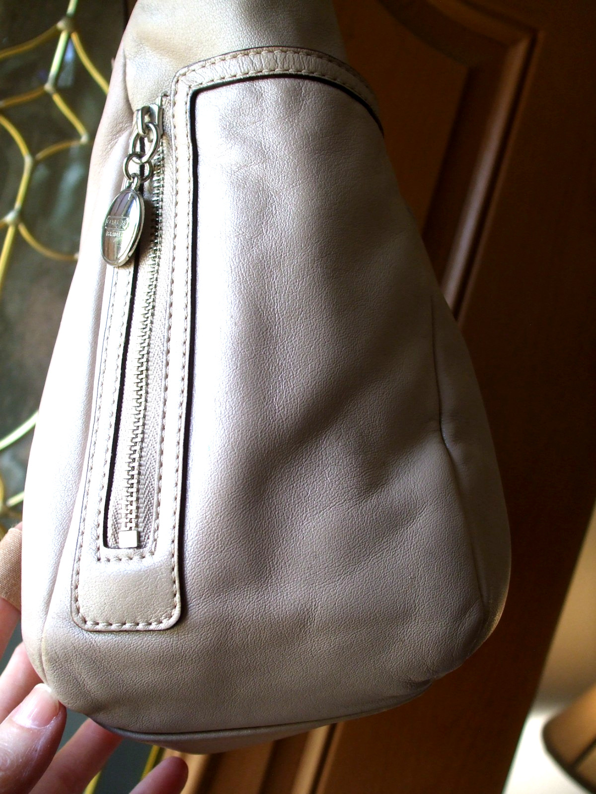 COACH SATCHEL, BEIGE WITH PINKISH CAST, SILVERTONE HARDWARE, PRISTINE CONDITION