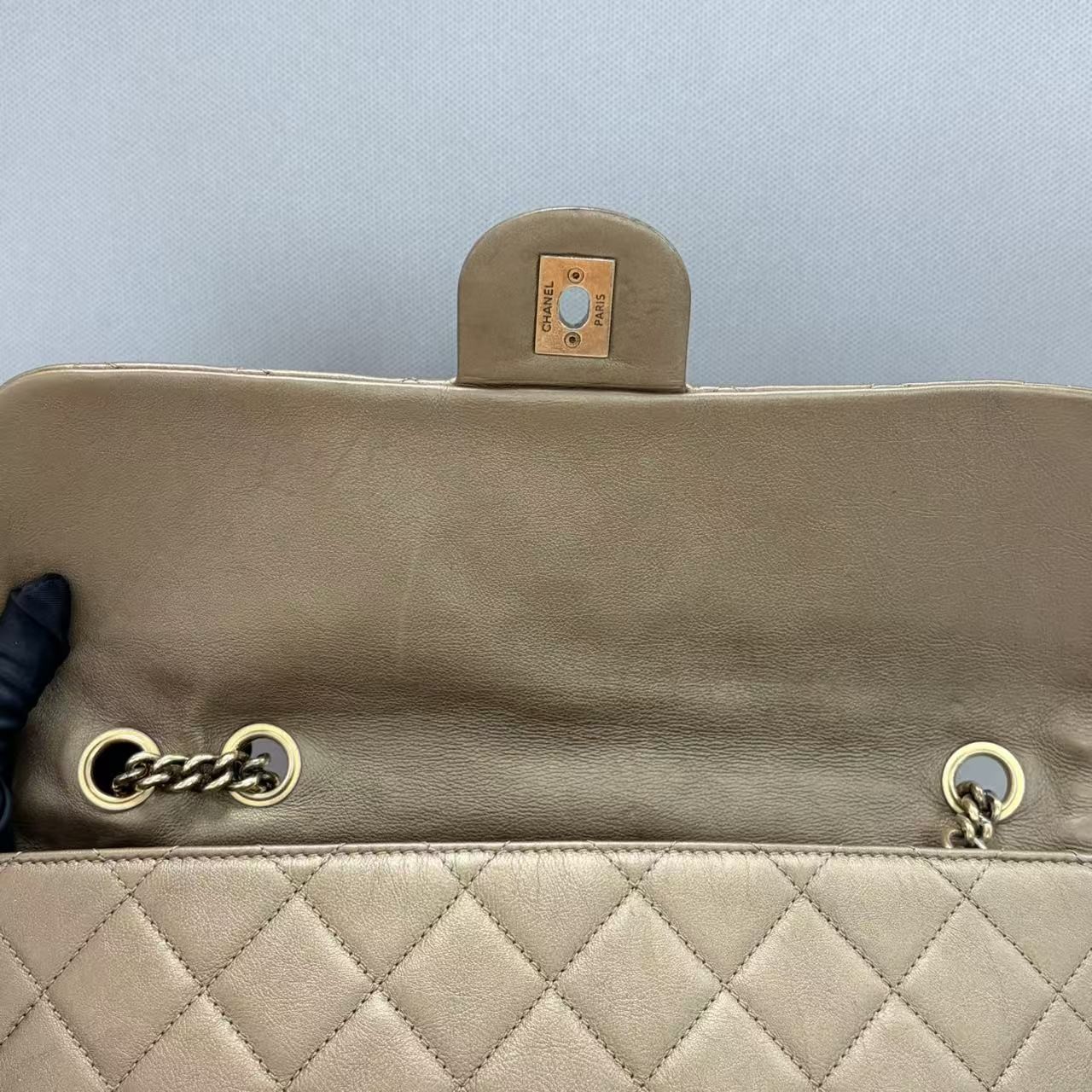 Chanel Jumbo Flap Shoulder Bag Bronze Metallic Lambskin Gold‑Tone Hardware Auth