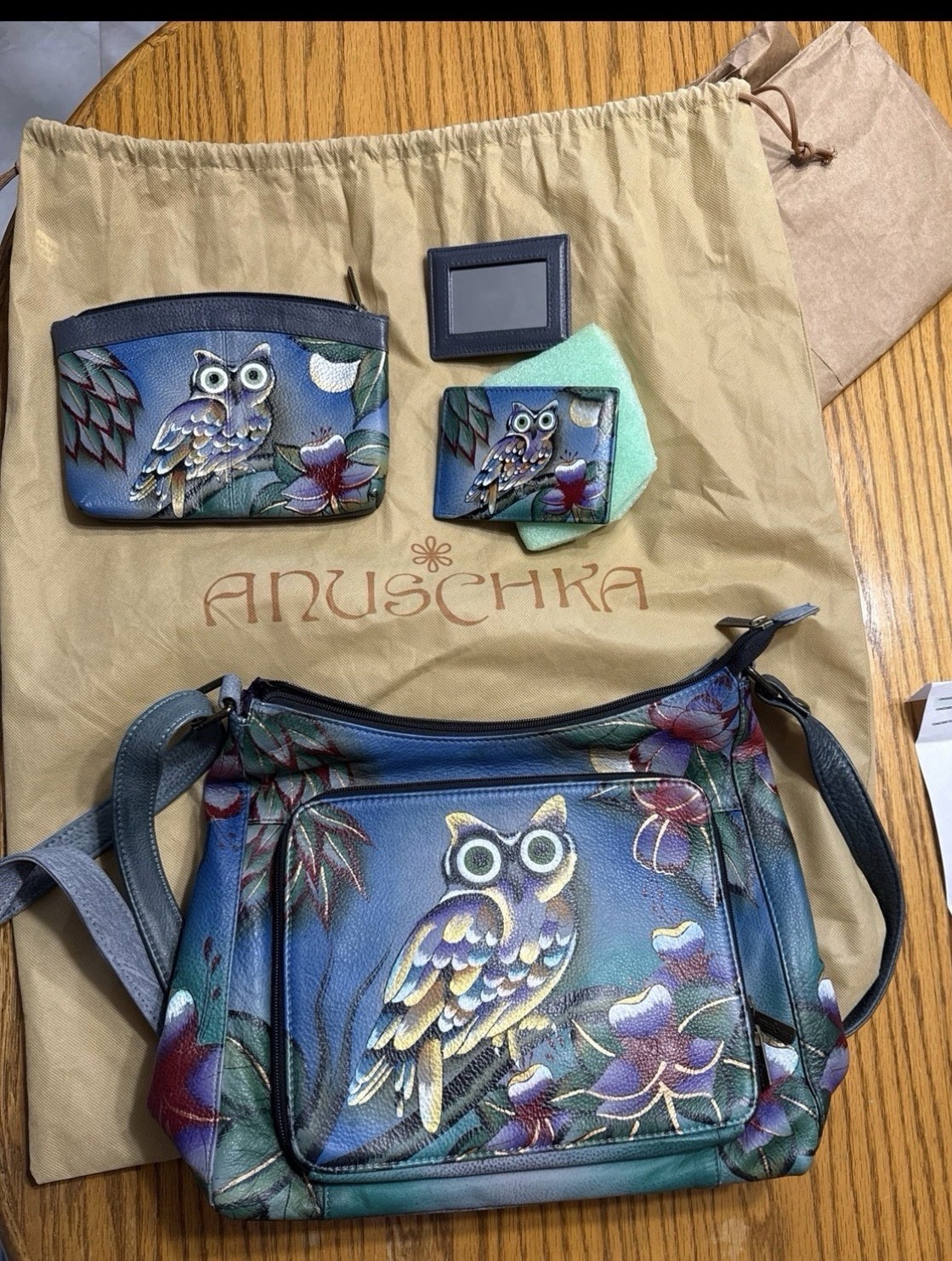 Anuschka Hand Painted Owl Crossbody Bag Blue w/ Coin Purse and Wallet NEW