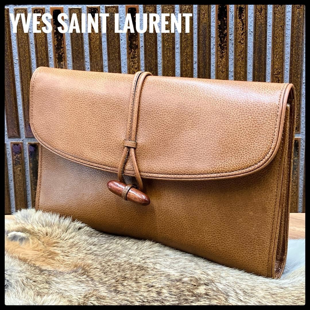 Yves Saint Laurent Brown Leather Clutch Bag Wooden Toggle Men 27.5cm Vintage