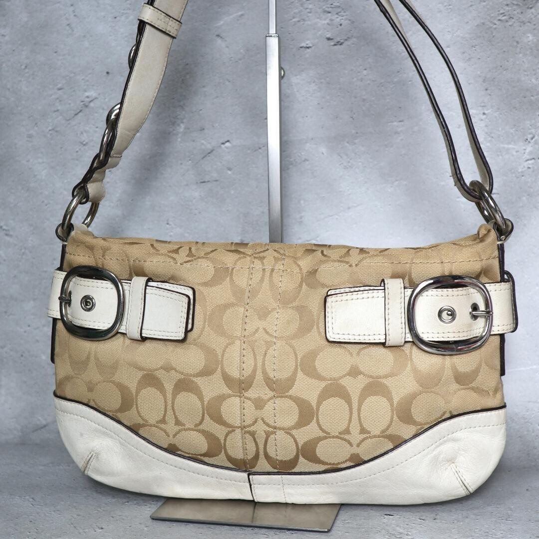 Coach Signature Canvas Leather Shoulder Bag Beige White Silver Zip 31cm 19cm