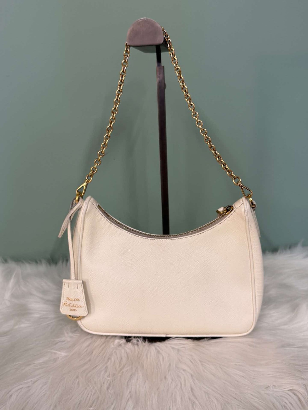 Prada Re-Edition 2005 Mini Hobo Shoulder Bag White Saffiano Leather GoldHardware