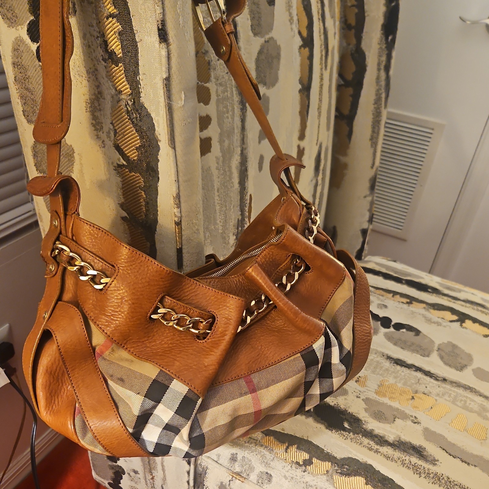 Burberry Plaid Zip Shoulder Bag Brown Beige with Chain & Buckle Accents