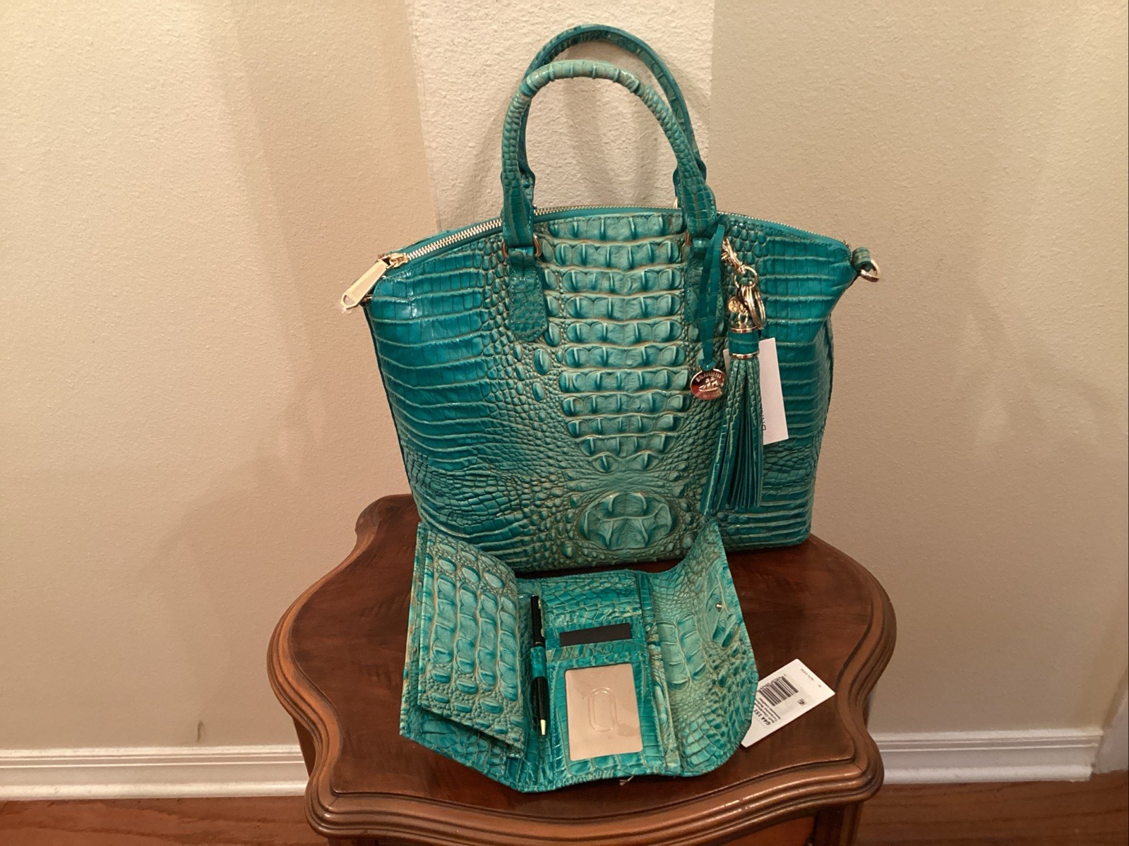 NWT Brahmin Lg Duxbury Satchel Turquoise Bag With Checkbook Wallet & Lg Tassel