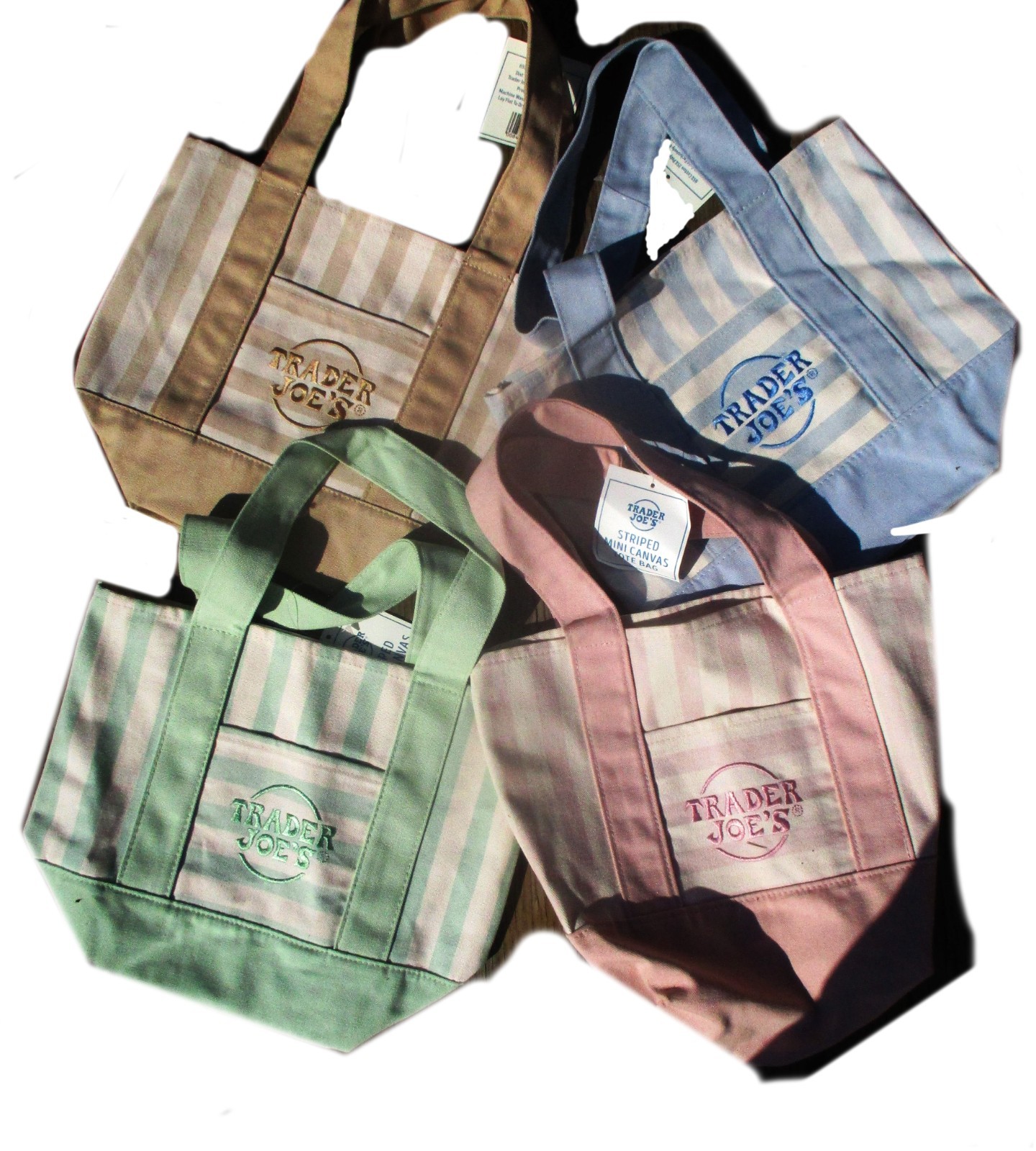 Trader Joes mini canvas tote bag set of four in beige, pink, blue, green. New