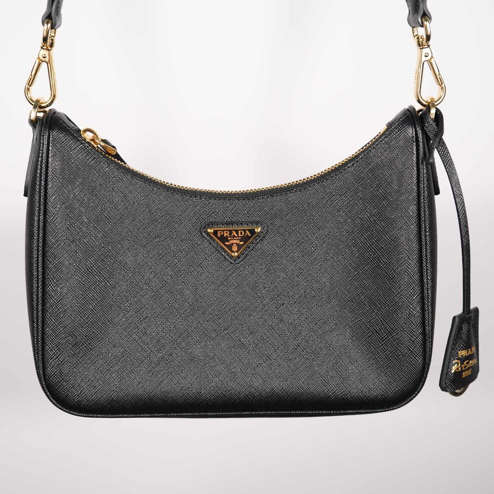 PRADA Re-Edition 2005 Black Gold Saffiano Leather Shoulder Bag with Pouch