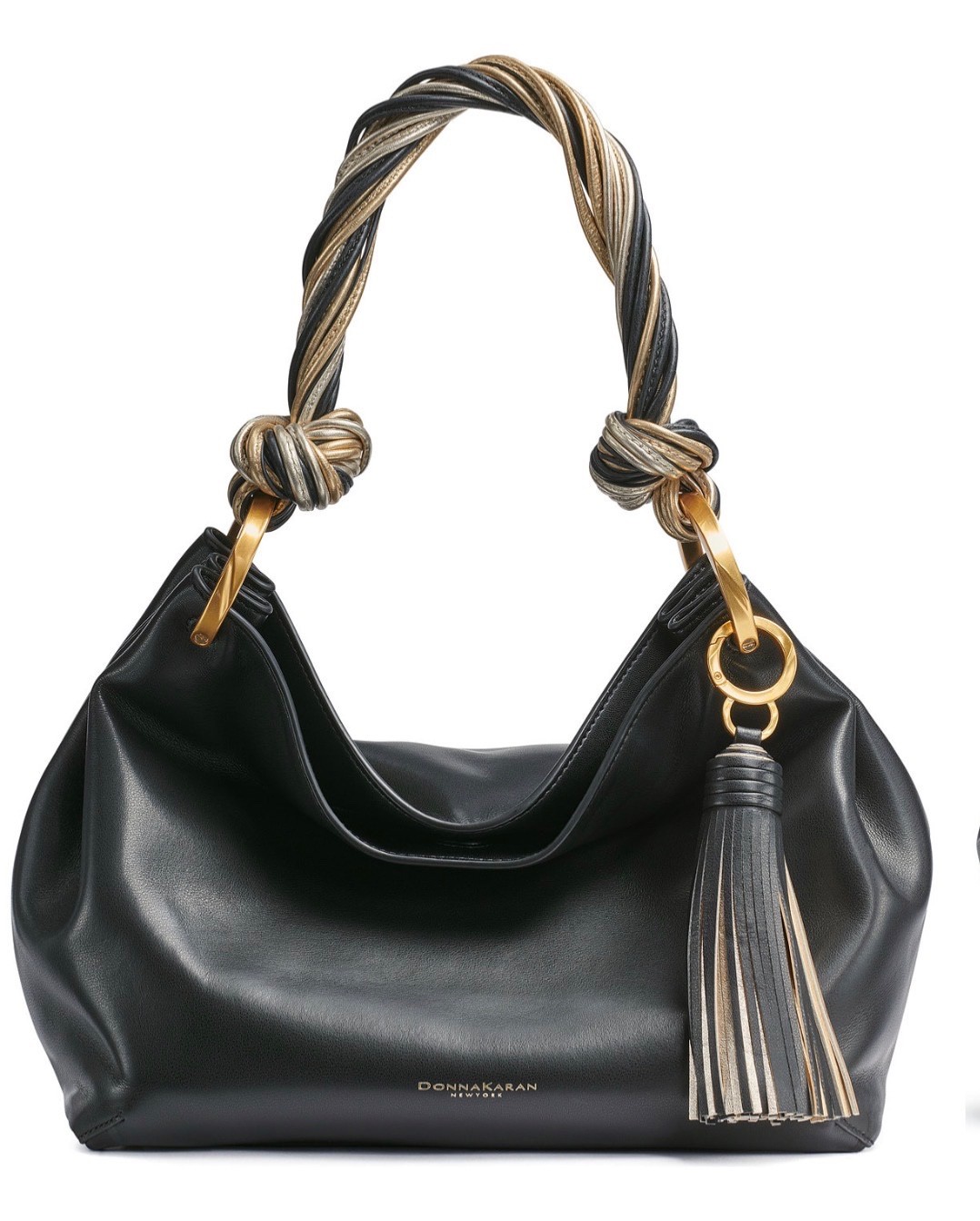 Donna Karan N Y Glenwood Leather Shoulder Bag Tassel Detail Black Gold