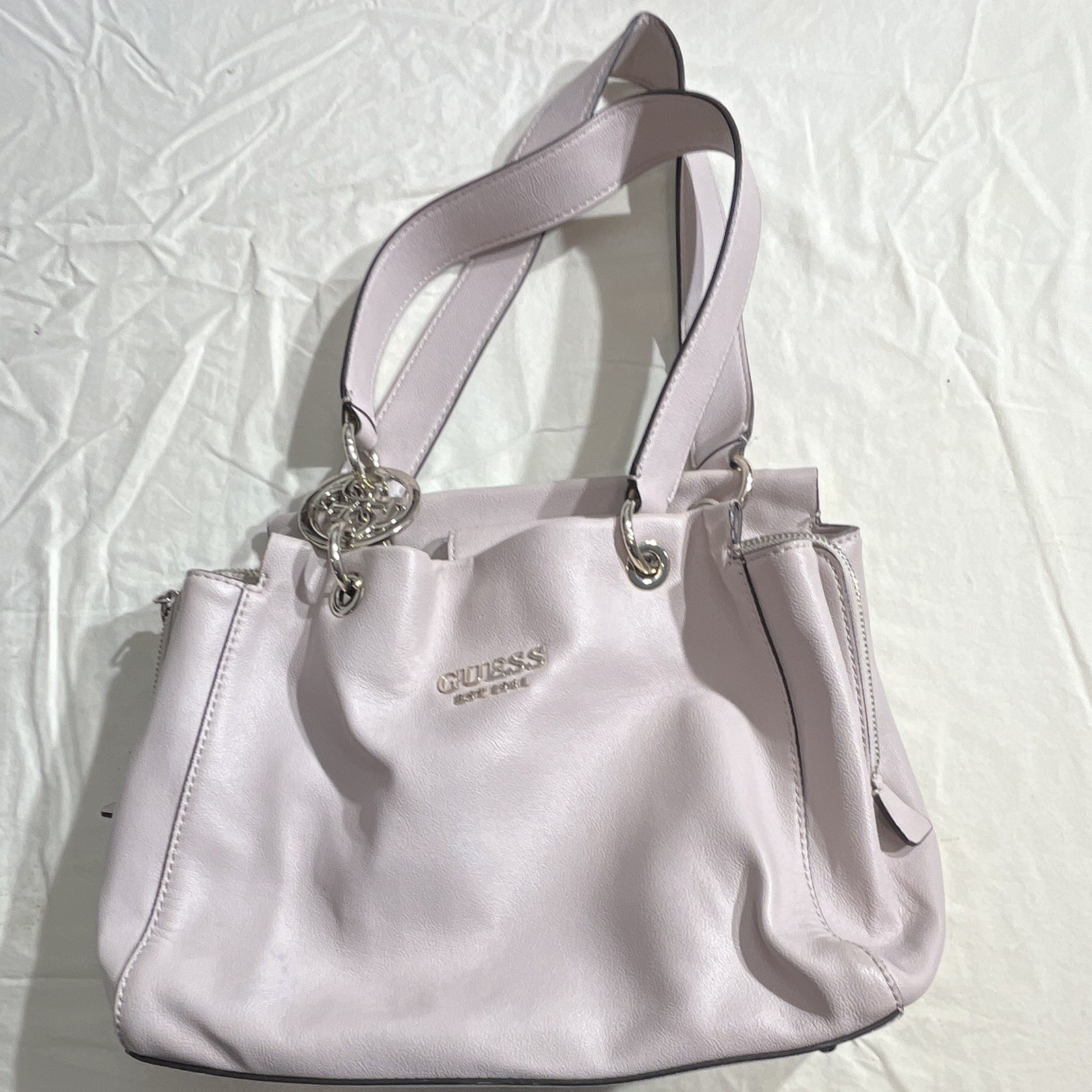 GUESS Lavender Shoulder Bag Zip Closure Silver Hardware Logo Charm Inner Pockets