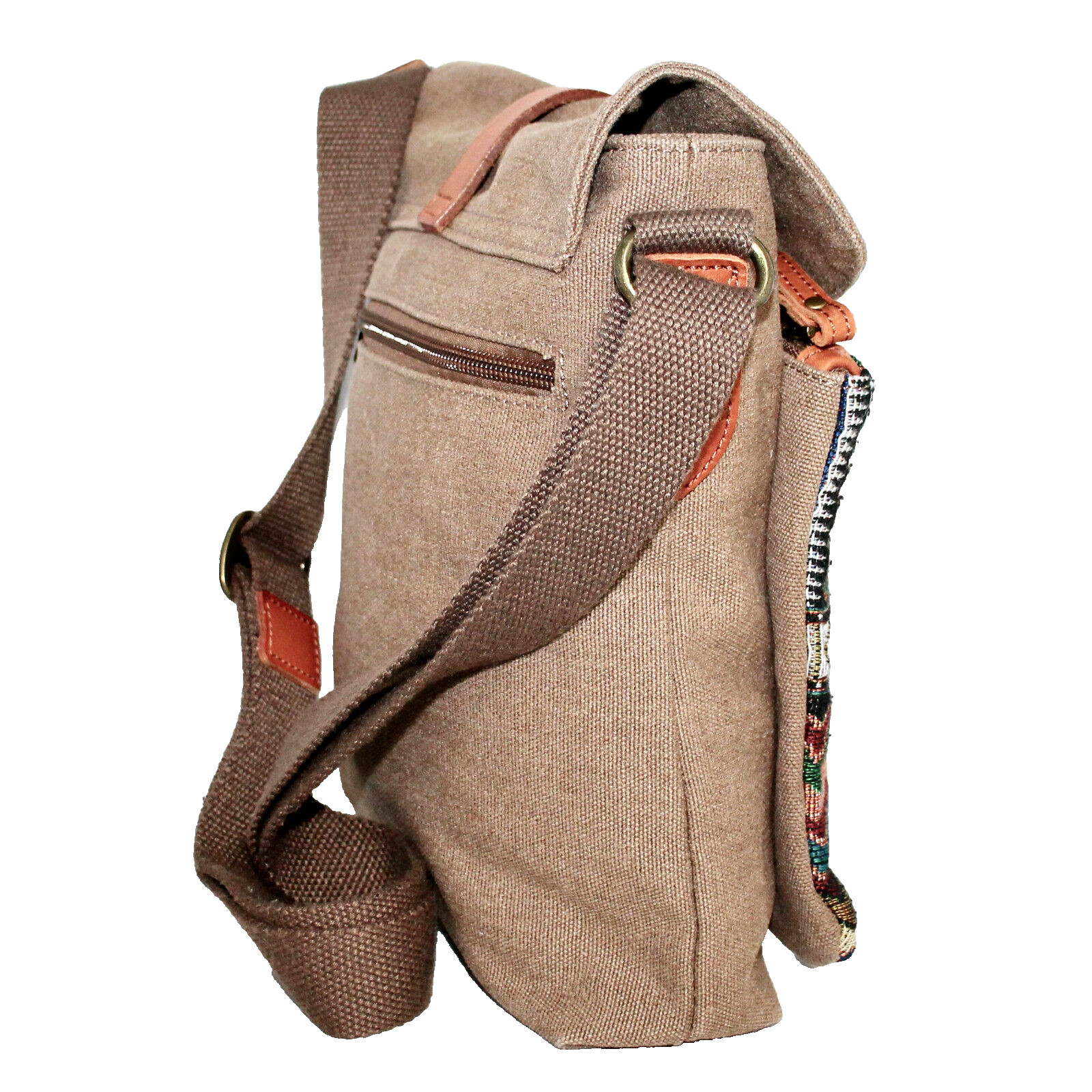 TSD BRAND Four Season Crossbody Bag Coffee Brown Cotton Canvas Leather Trim