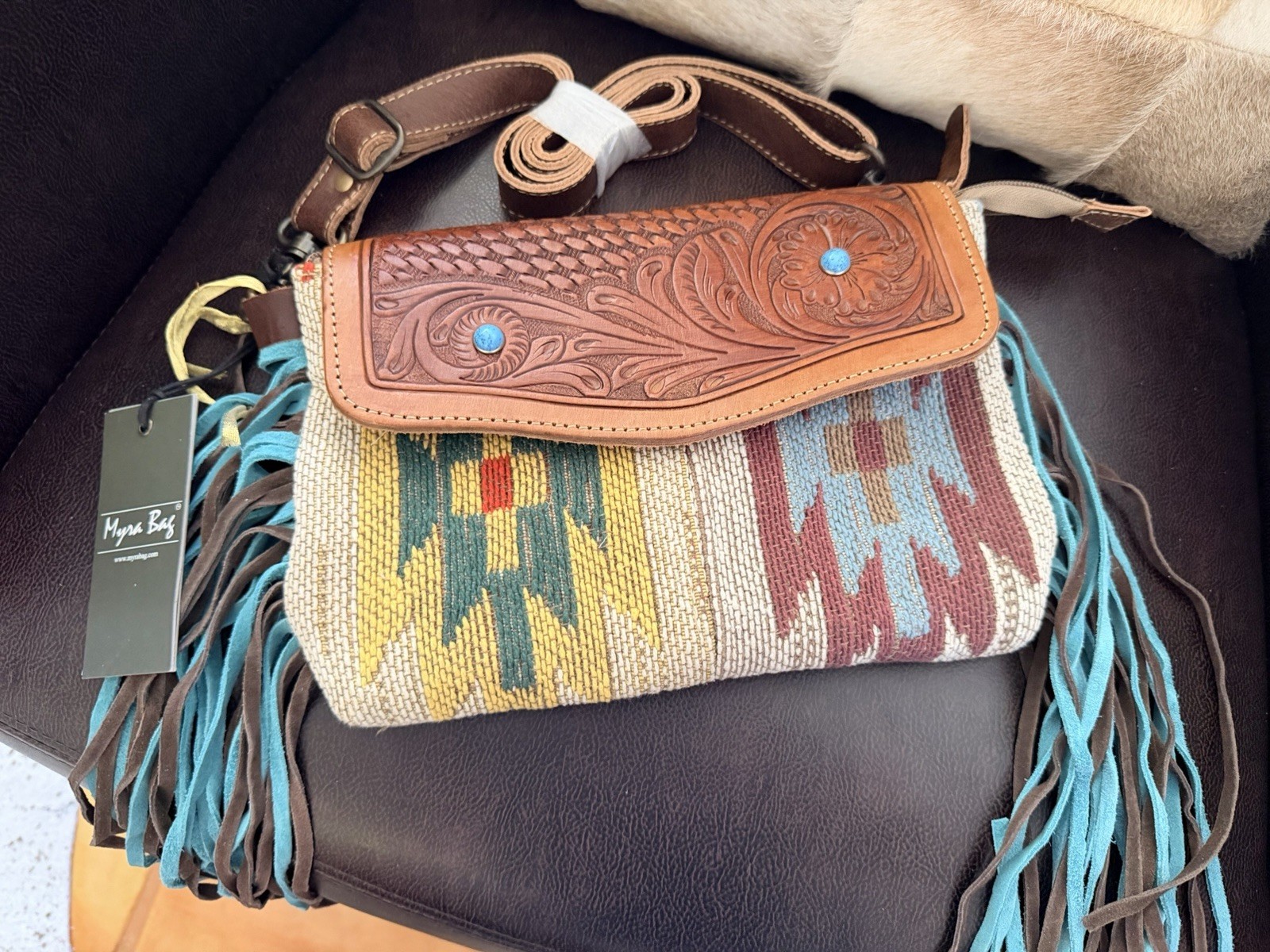 Lilo Hand-Tooled Bag With Fringe by Myra Bag